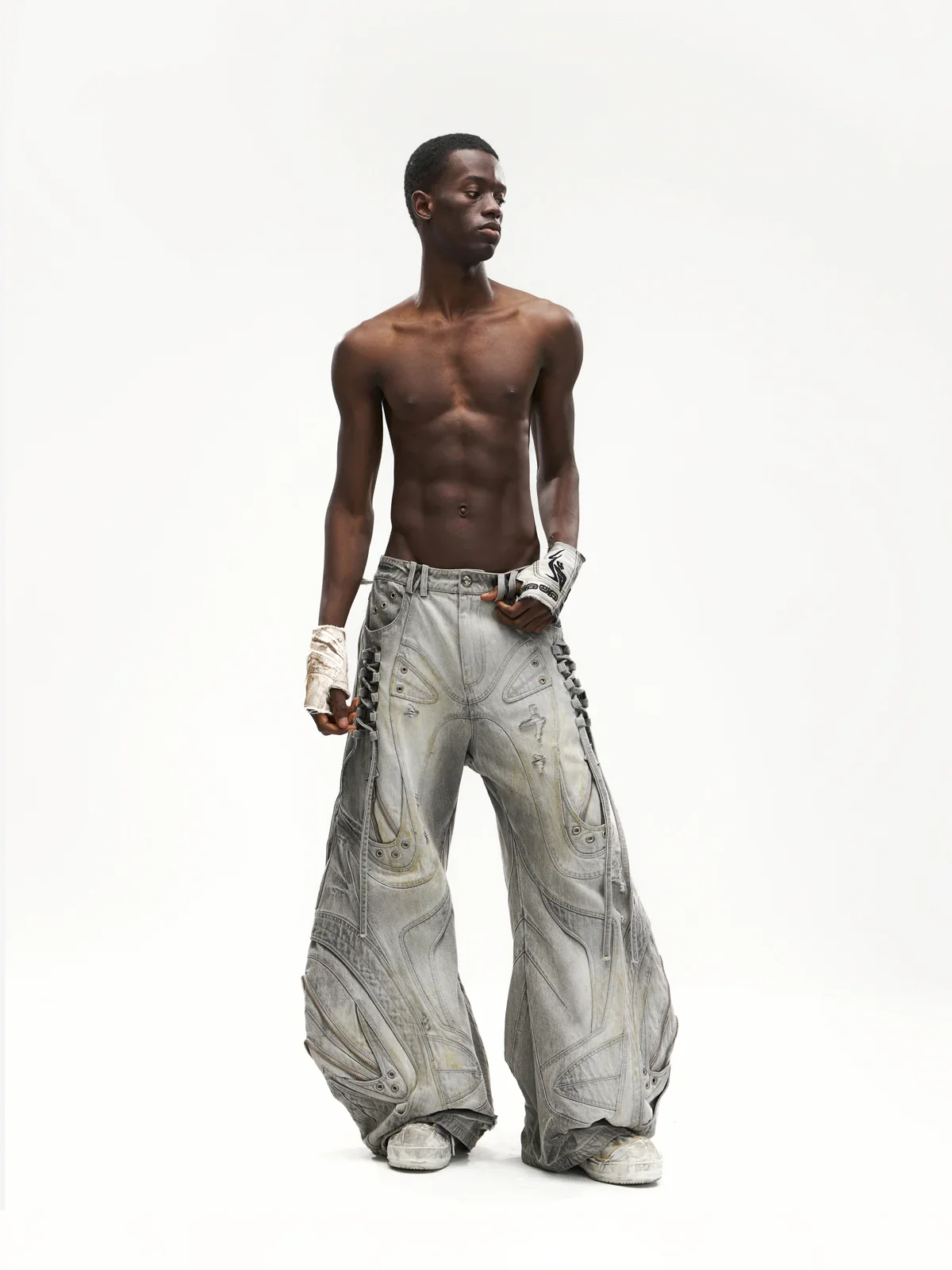 Deconstructed Flared Patchwork Denim Jeans White(HL6380) - Image 4