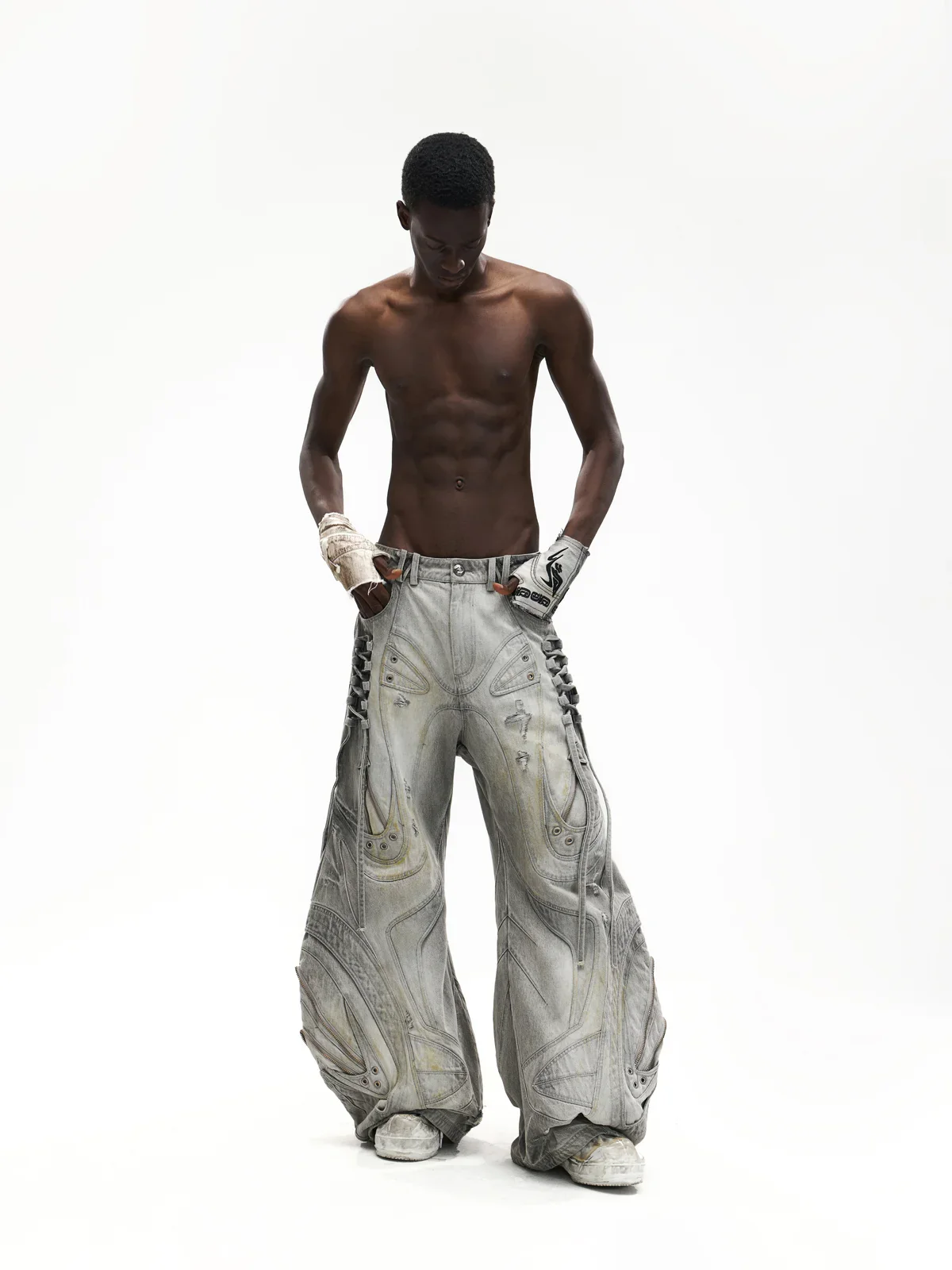Deconstructed Flared Patchwork Denim Jeans White(HL6380) - Image 5
