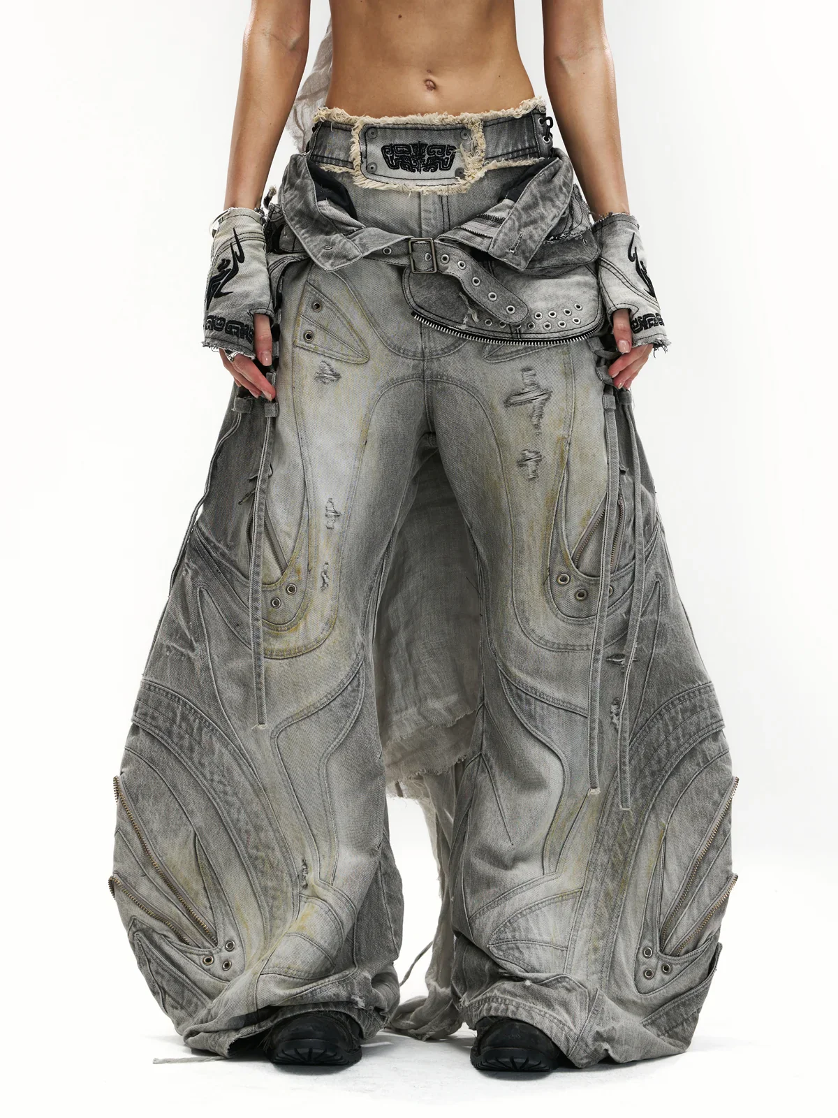 Deconstructed Flared Patchwork Denim Jeans White(HL6380) - Image 6