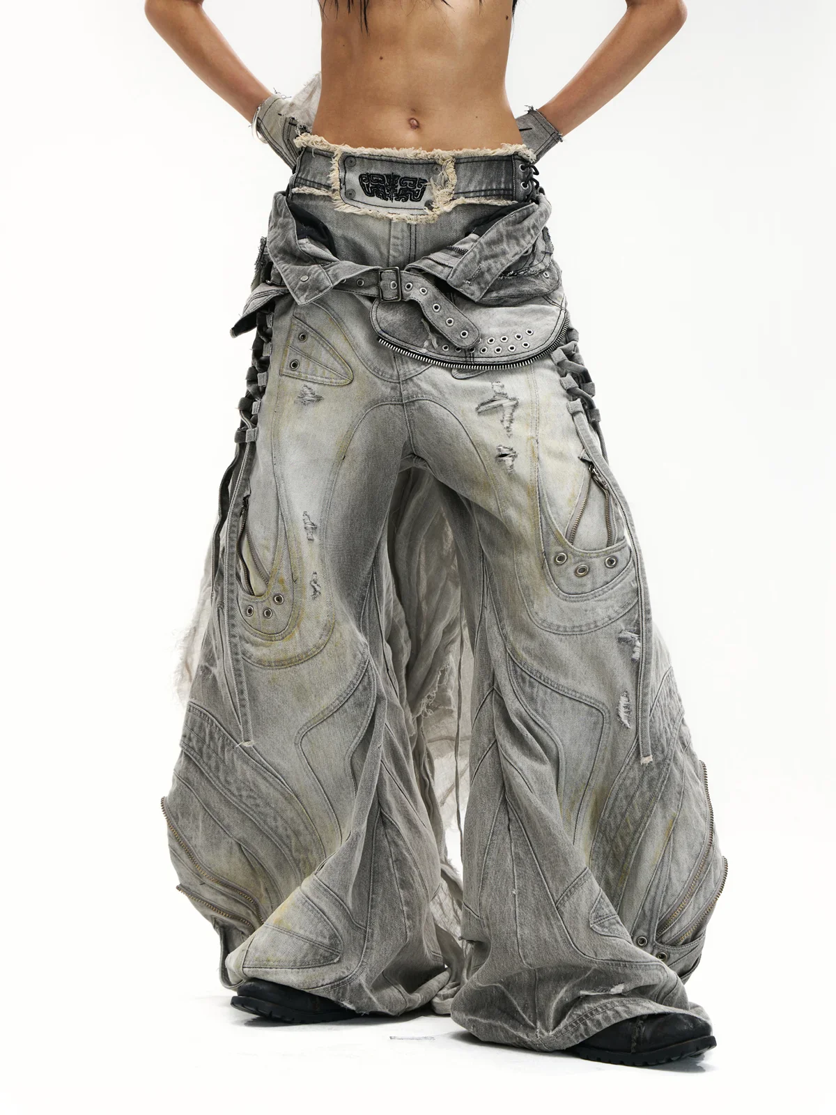 Deconstructed Flared Patchwork Denim Jeans White(HL6380) - Image 7