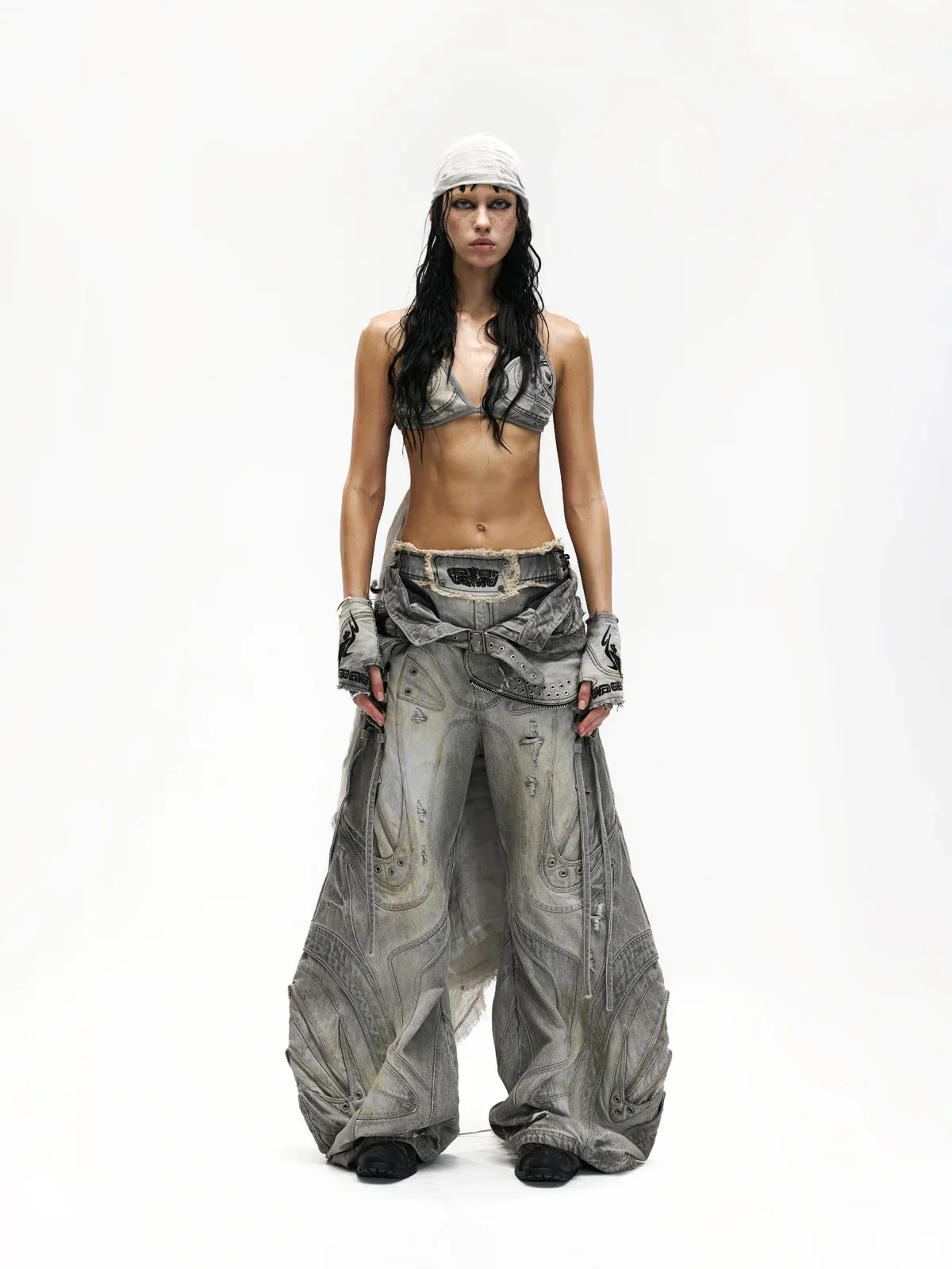 Deconstructed Flared Patchwork Denim Jeans White(HL6380) - Image 8