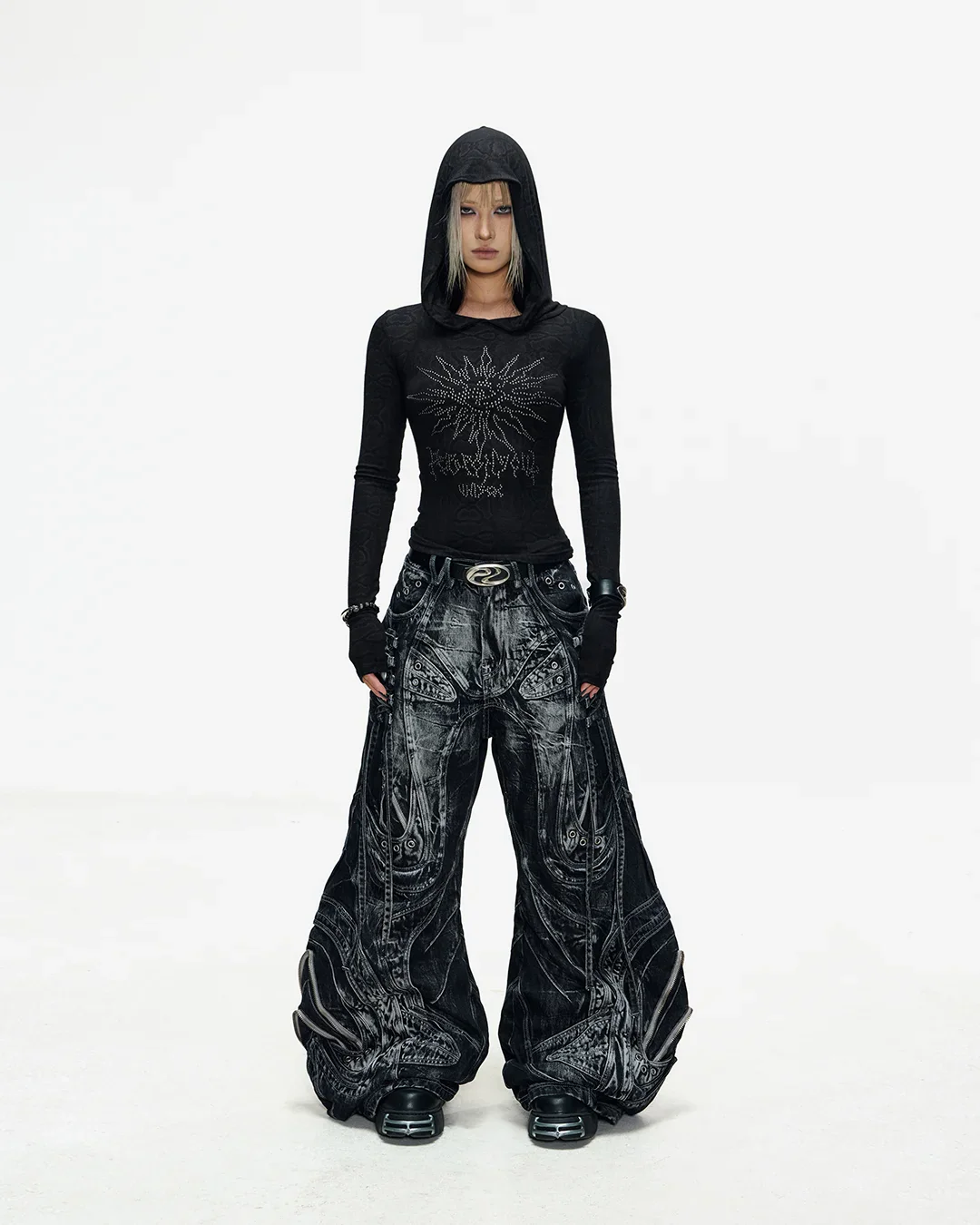 Deconstructed Flared Patchwork Denim Jeans Black - Image 11