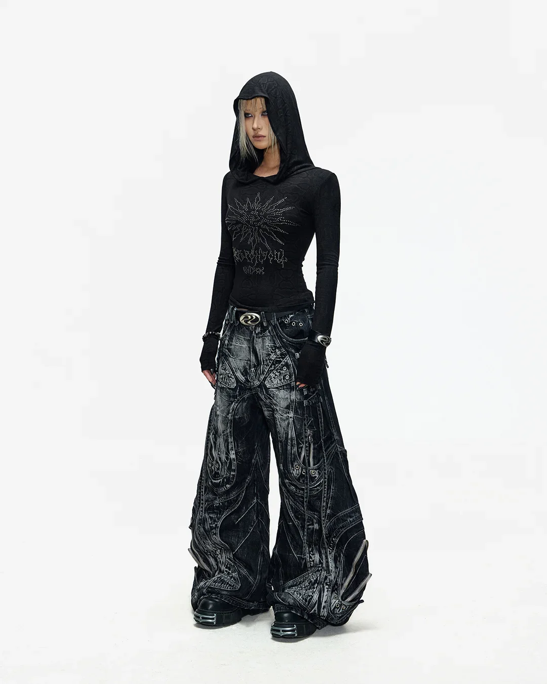 Deconstructed Flared Patchwork Denim Jeans Black - Image 12