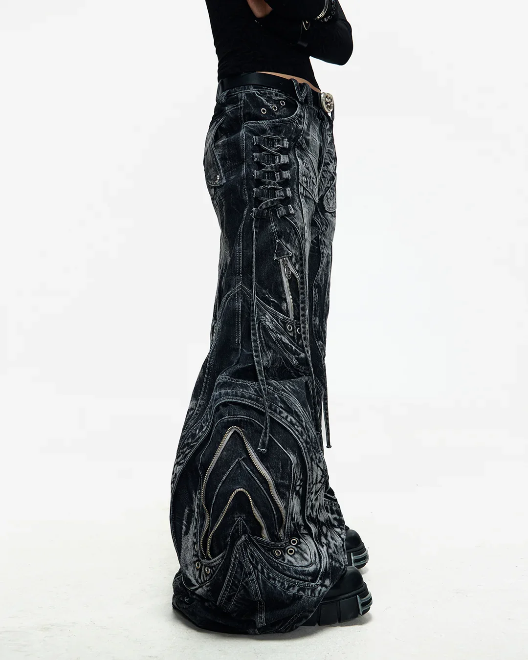 Deconstructed Flared Patchwork Denim Jeans Black - Image 4