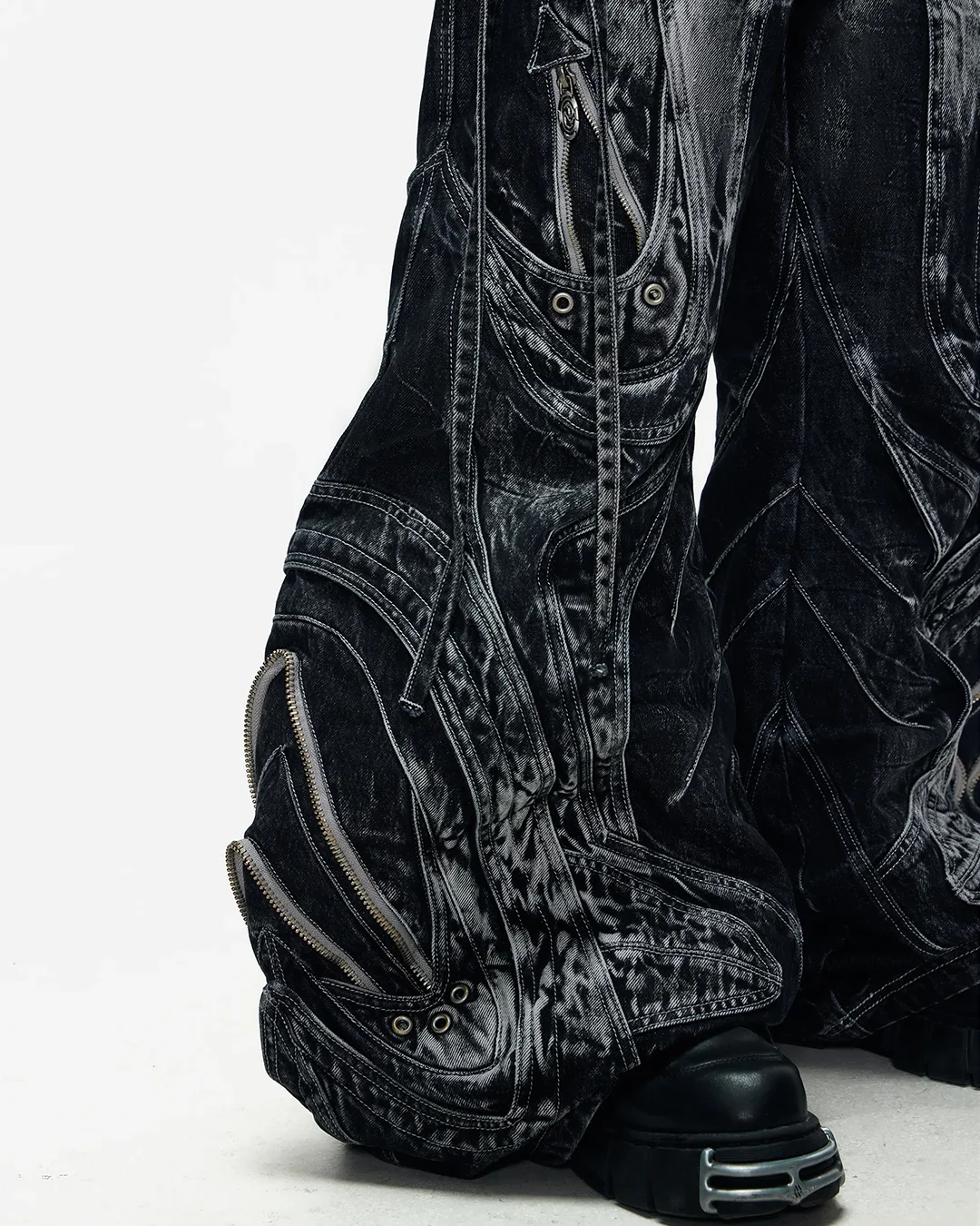 Deconstructed Flared Patchwork Denim Jeans Black - Image 6