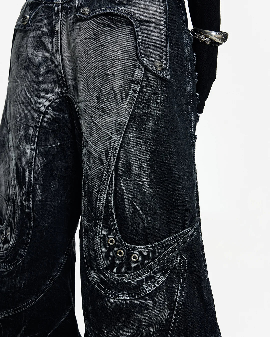 Deconstructed Flared Patchwork Denim Jeans Black - Image 8