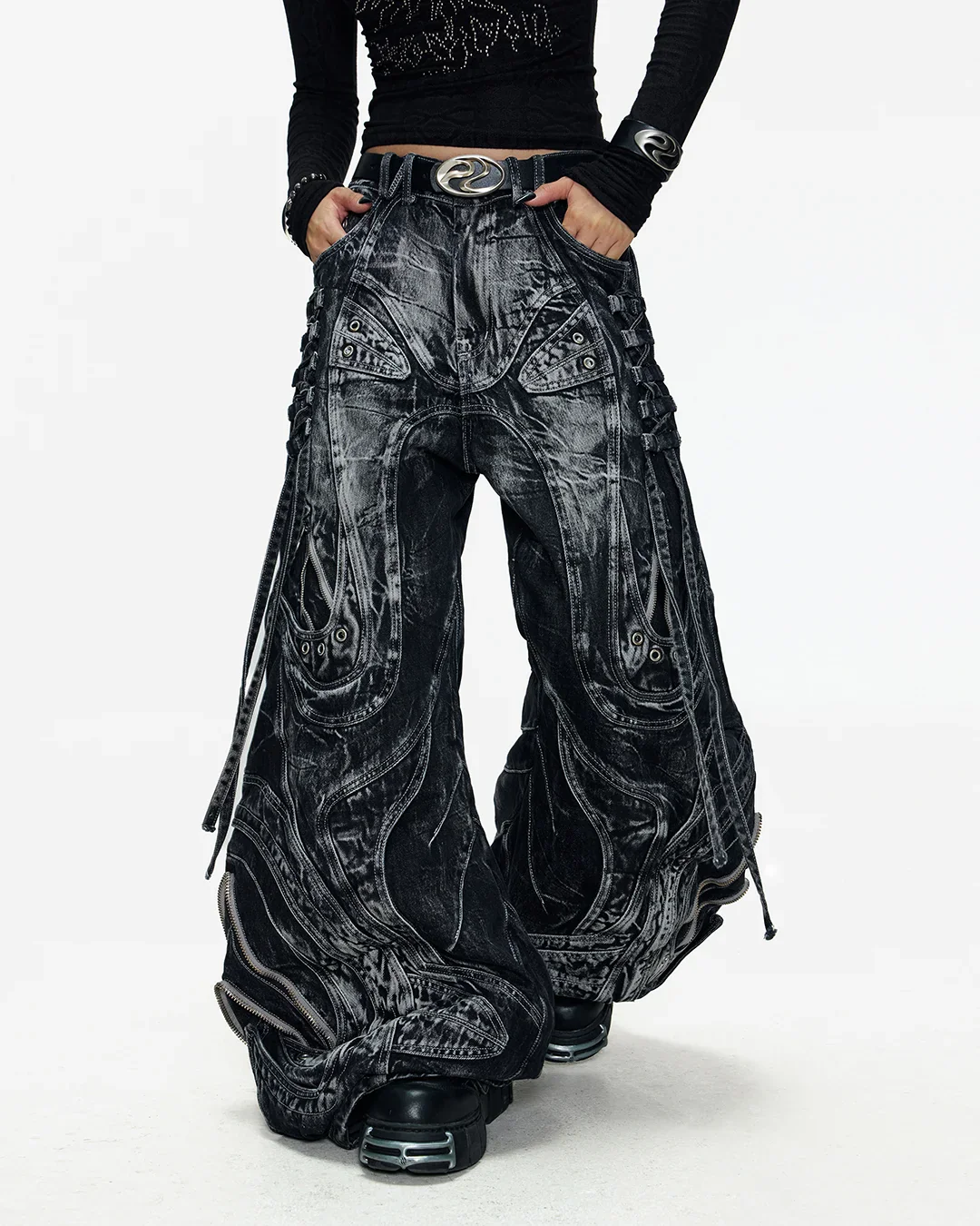 Deconstructed Flared Patchwork Denim Jeans Black - Image 9