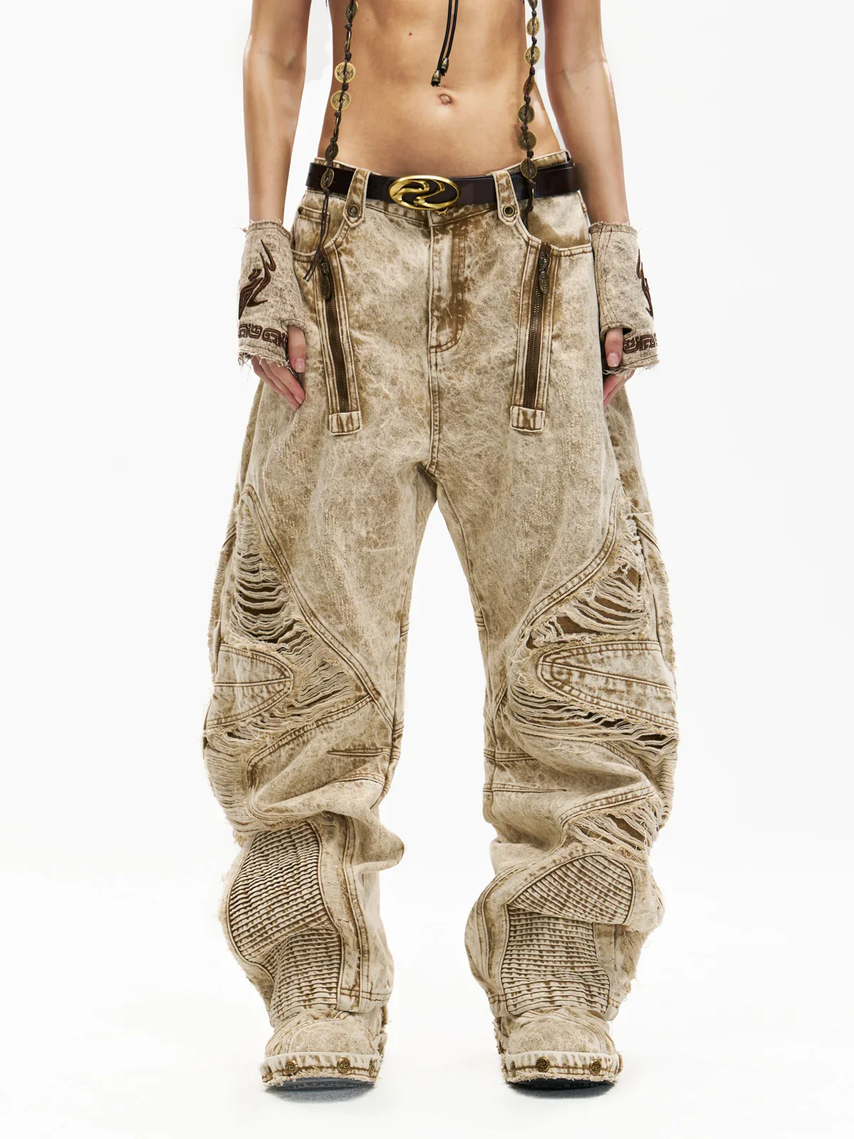 Distressed Apricot Baggy Denim Jeans