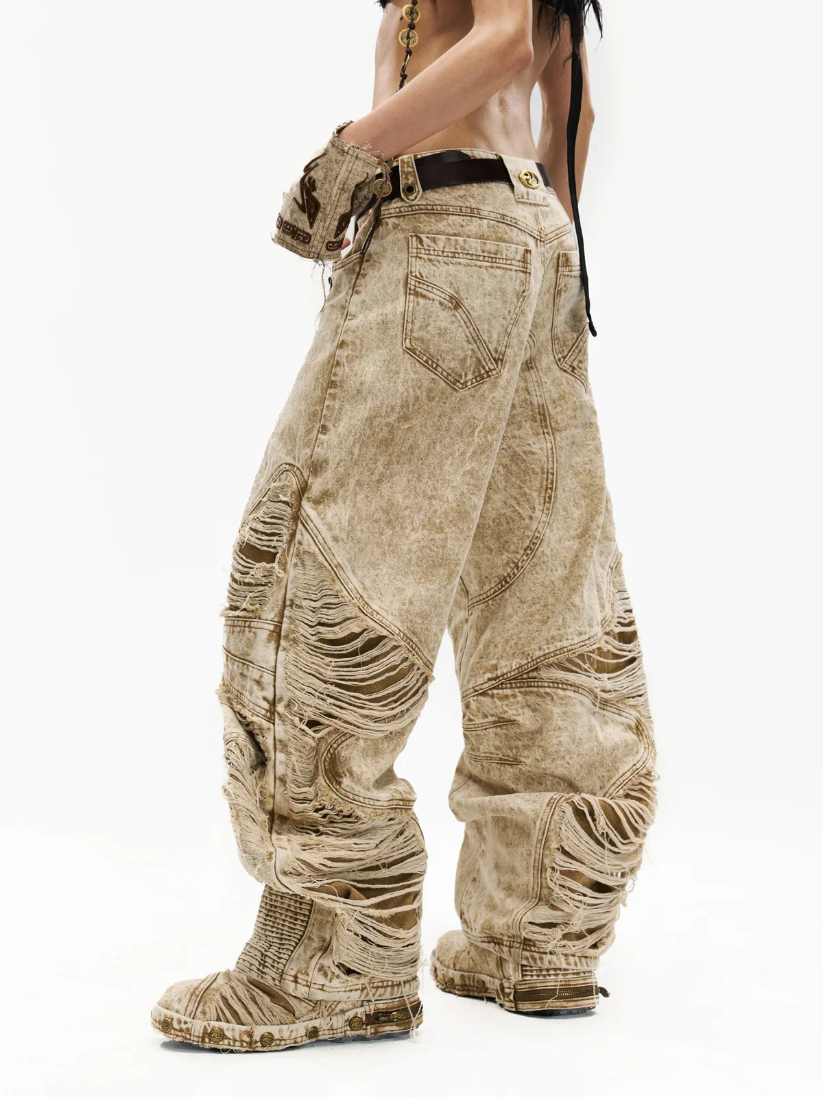 Distressed Apricot Baggy Denim Jeans - Image 3