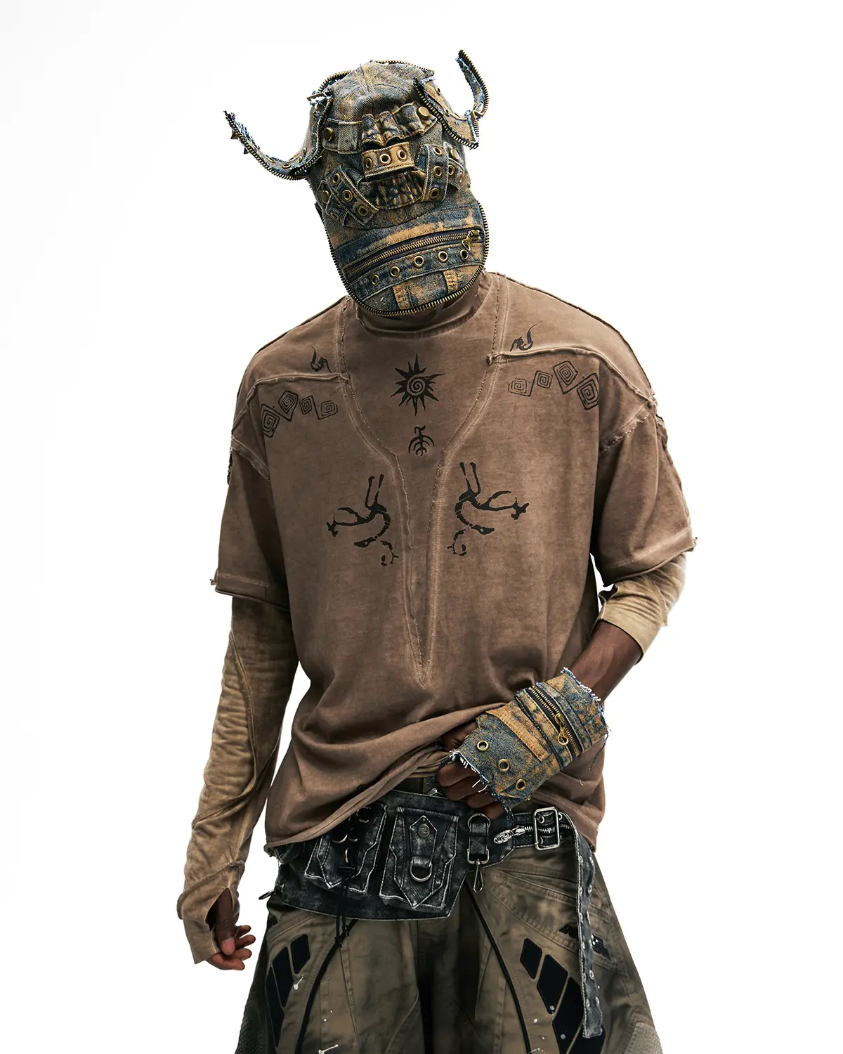 Personsoul Ancient Totem Earth-Tone Patchwork T-Shirt - Image 4