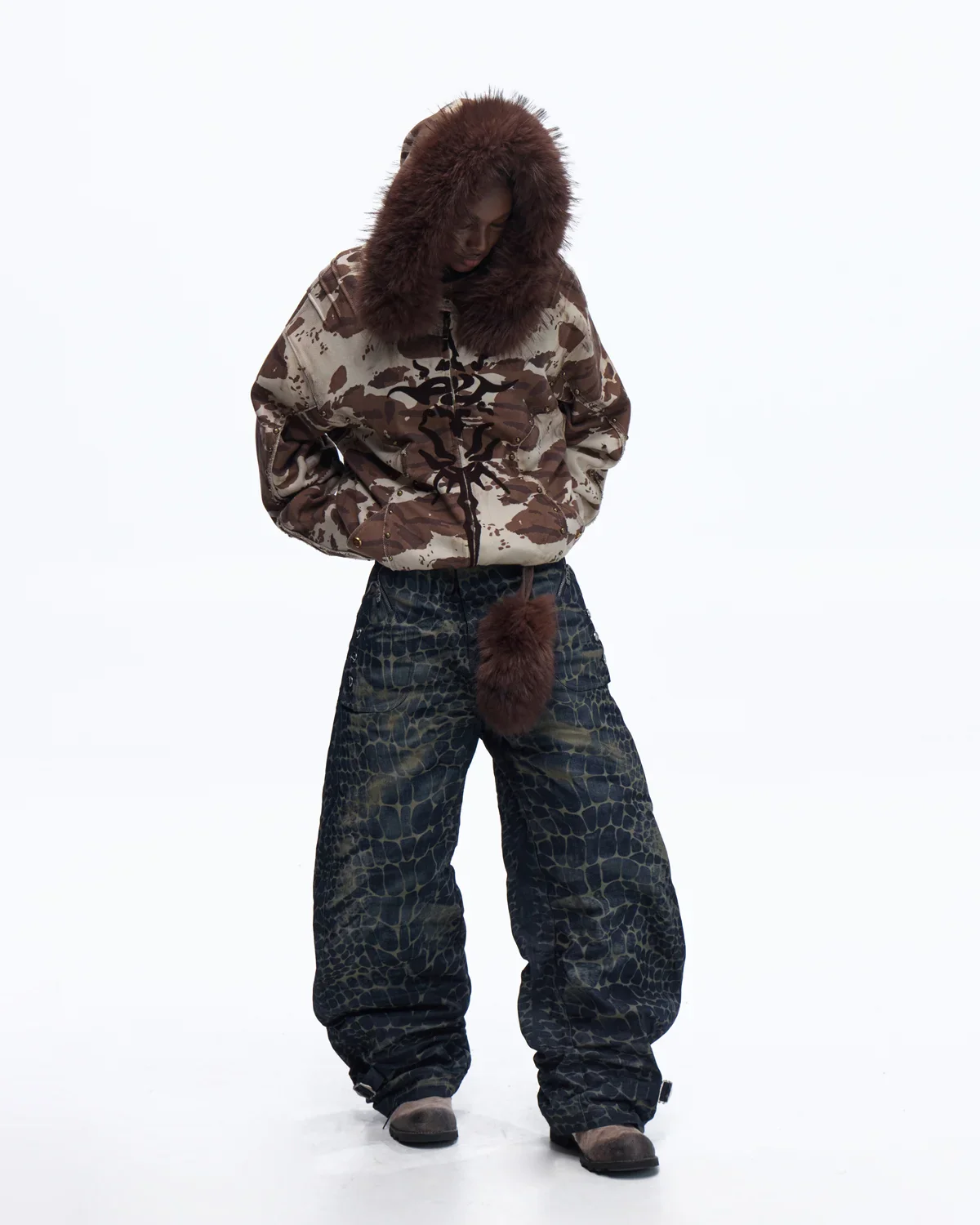 Personsoul Animal Print Hoodie with Fur-Lined Hood - Image 12