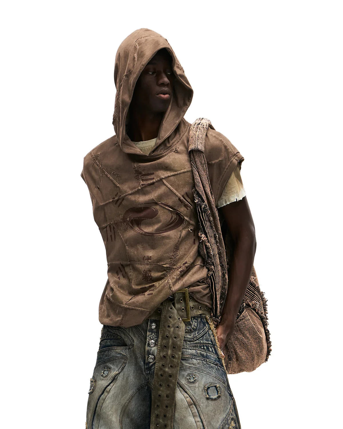 Personsoul Bagua Print Hooded Vest Brown - Image 5