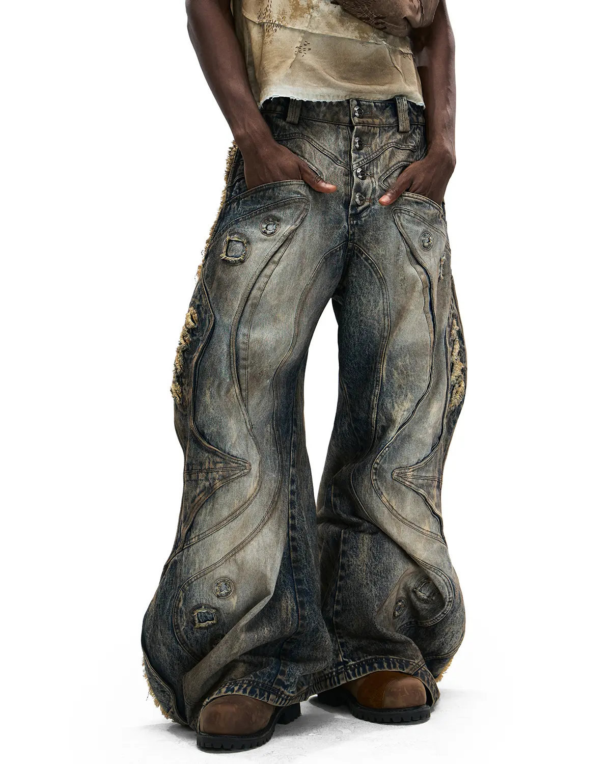 Personsoul Circle Totem Asymmetrical Curved Jeans - Image 4