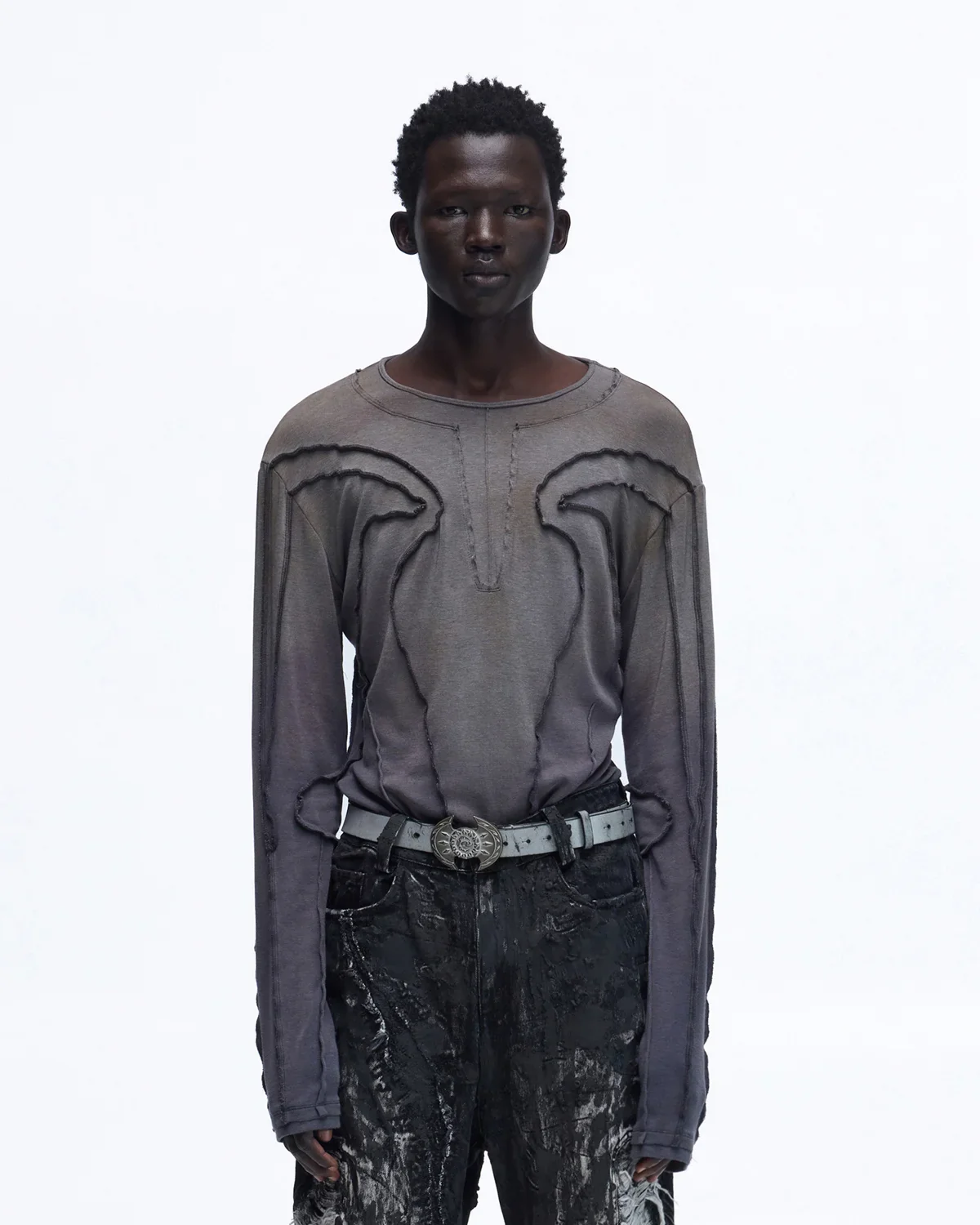 Personsoul Contrast Stitch Long Sleeve Top In Grey