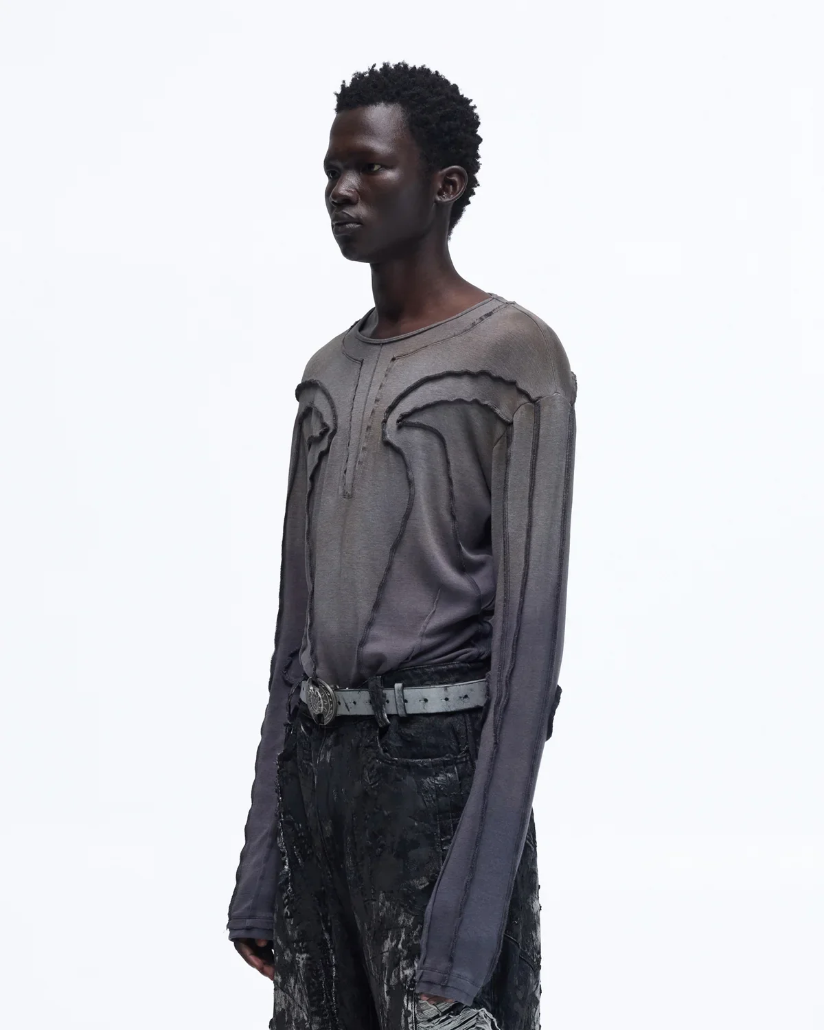 Personsoul Contrast Stitch Long Sleeve Top In Grey - Image 2