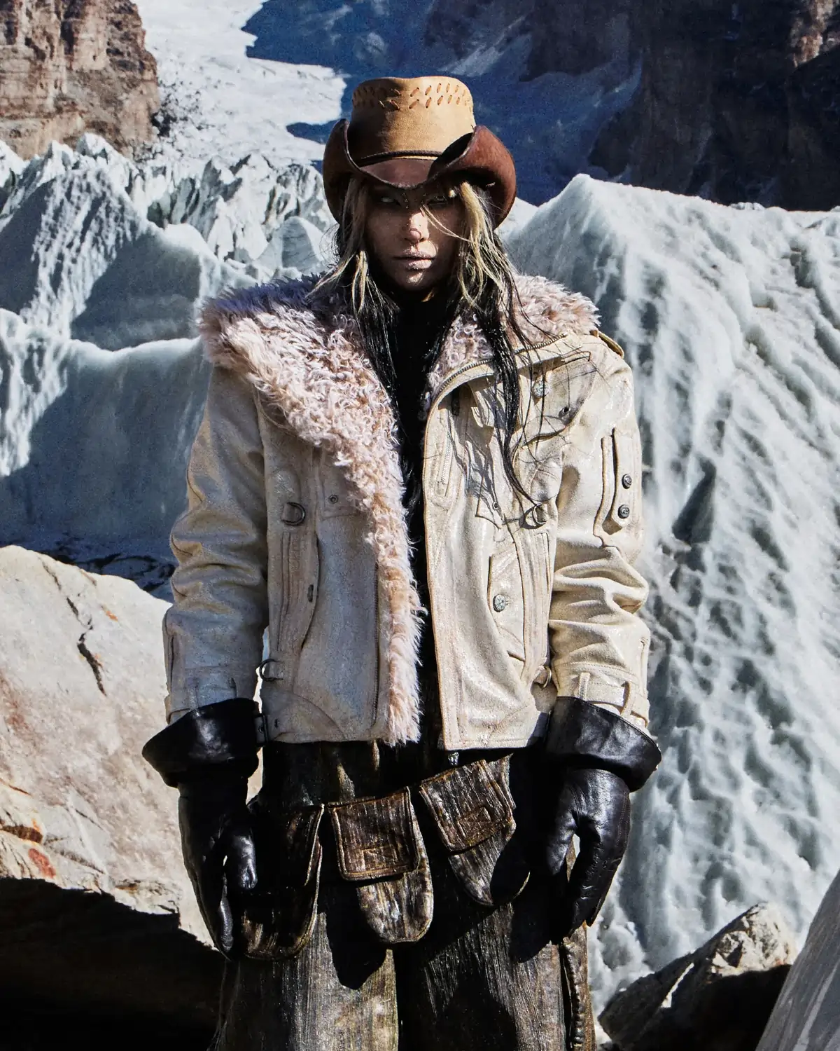 Personsoul Cracked Sheepskin and Mosner Wool Stand Collar Jacket(Limited 100 pieces)