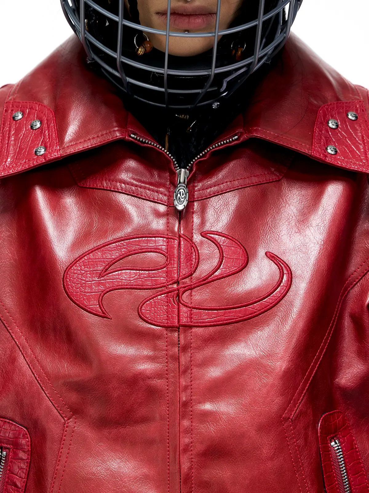 Personsoul Croc Effect Panel Leather Jacket - Image 4