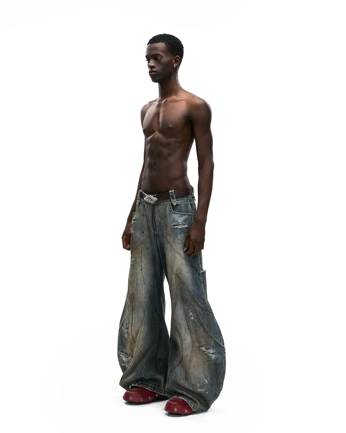 Personsoul Curved Denim Jeans with Detachable Leather Waist Strap - Image 11