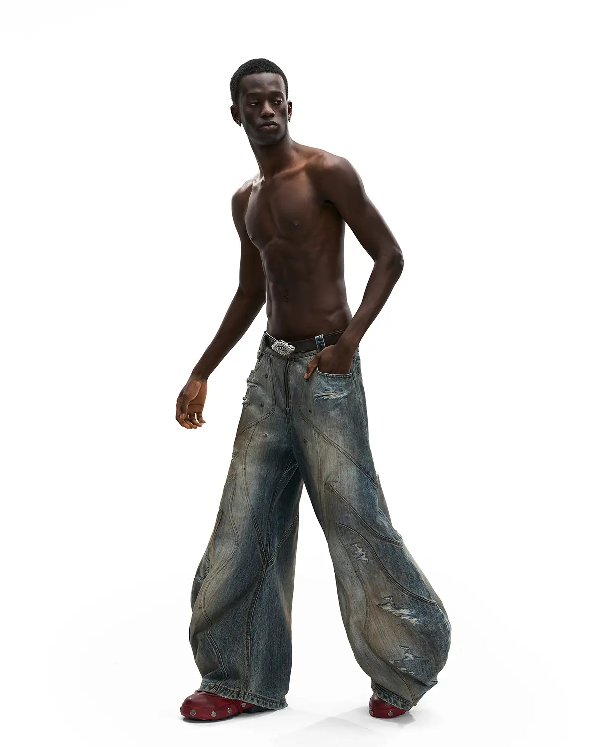 Personsoul Curved Denim Jeans with Detachable Leather Waist Strap - Image 14