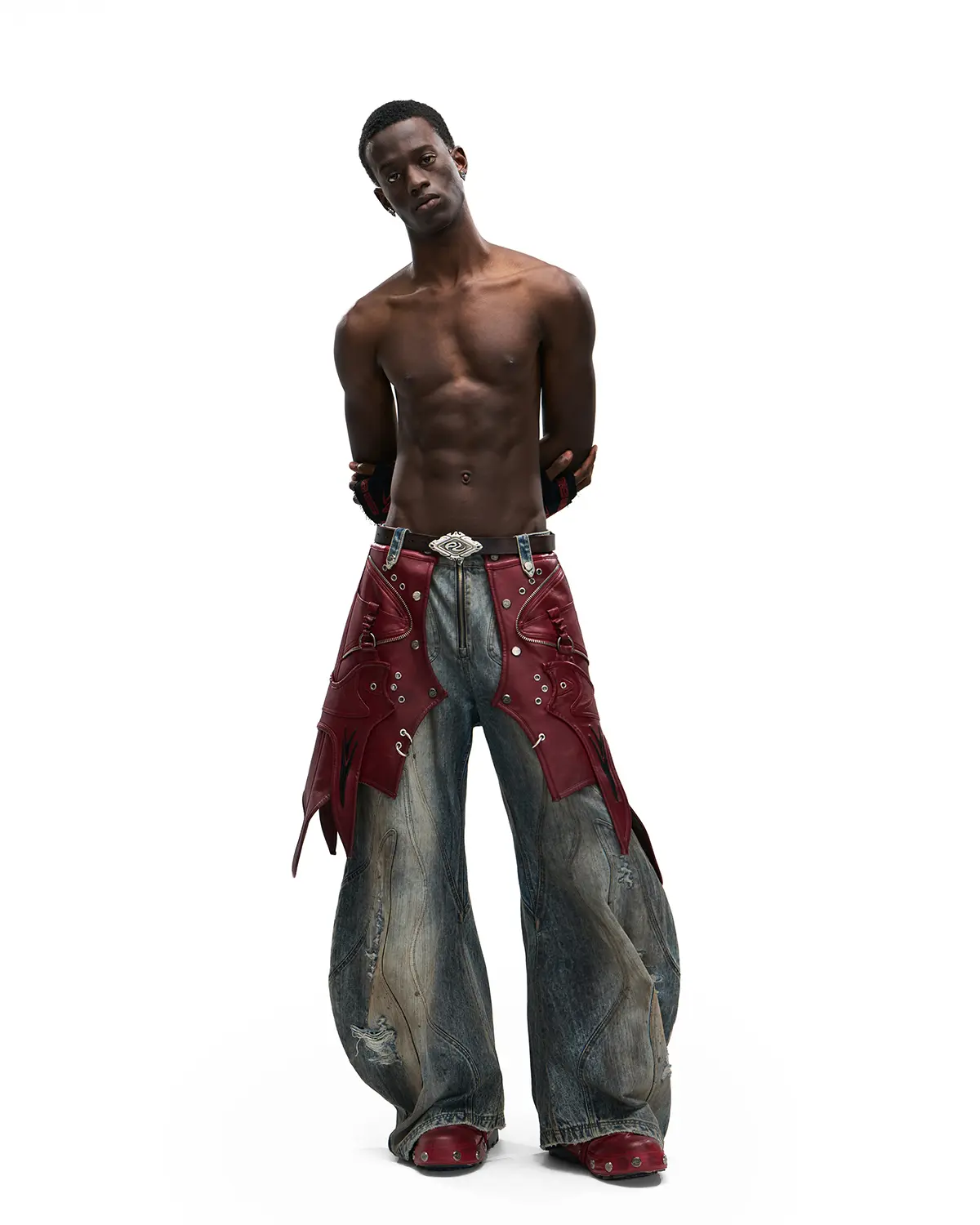 Personsoul Curved Denim Jeans with Detachable Leather Waist Strap - Image 15