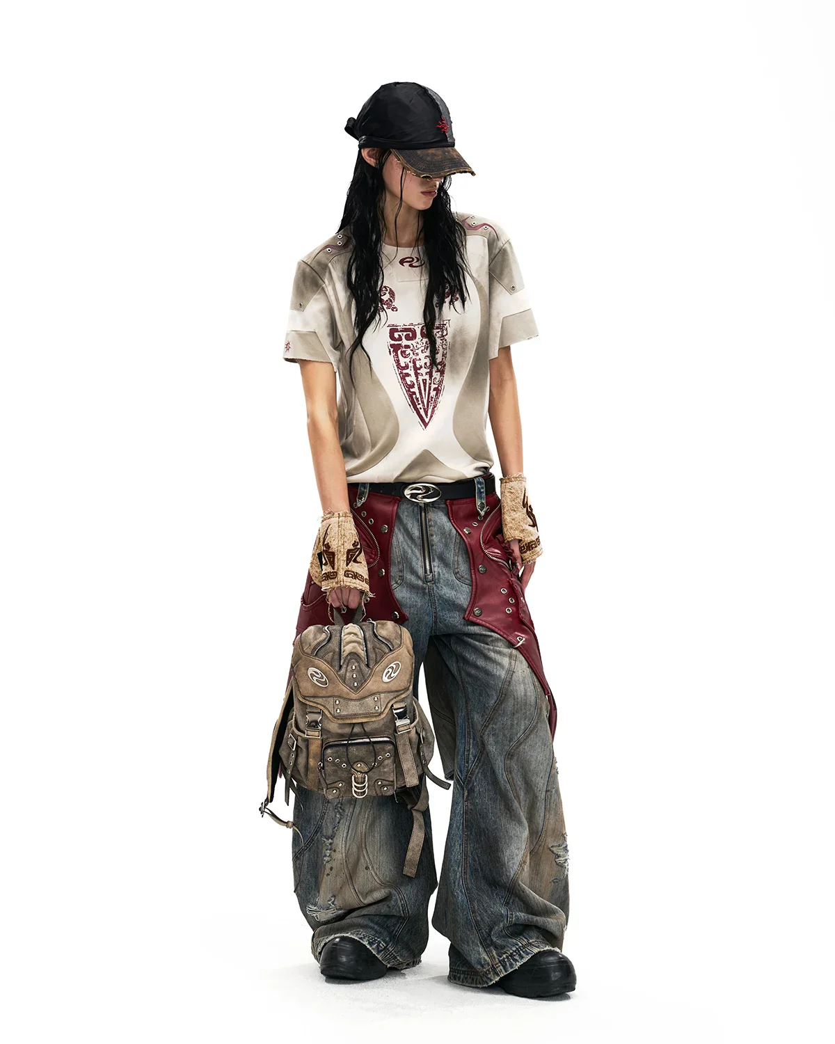 Personsoul Curved Denim Jeans with Detachable Leather Waist Strap - Image 19
