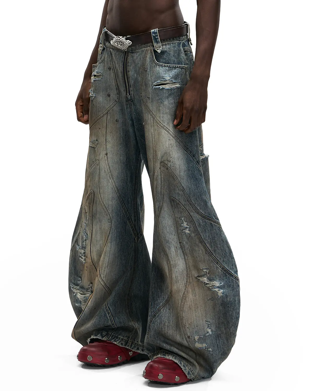 Personsoul Curved Denim Jeans with Detachable Leather Waist Strap - Image 4
