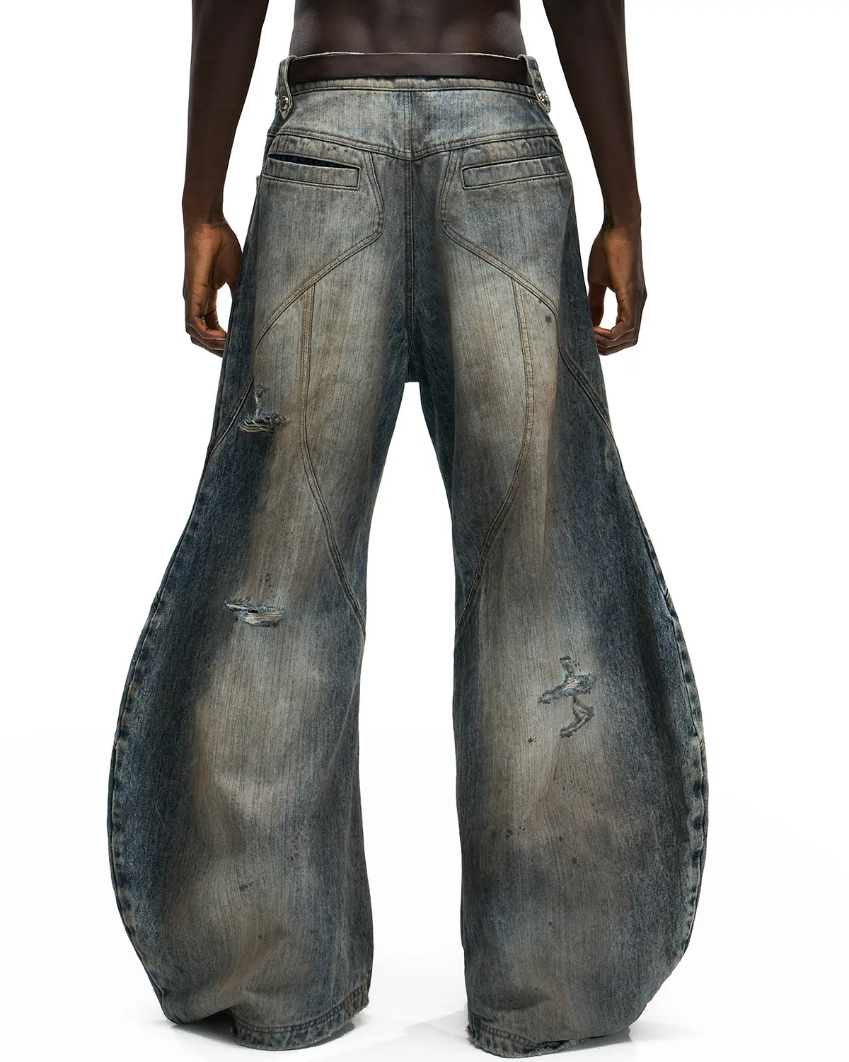 Personsoul Curved Denim Jeans with Detachable Leather Waist Strap - Image 6