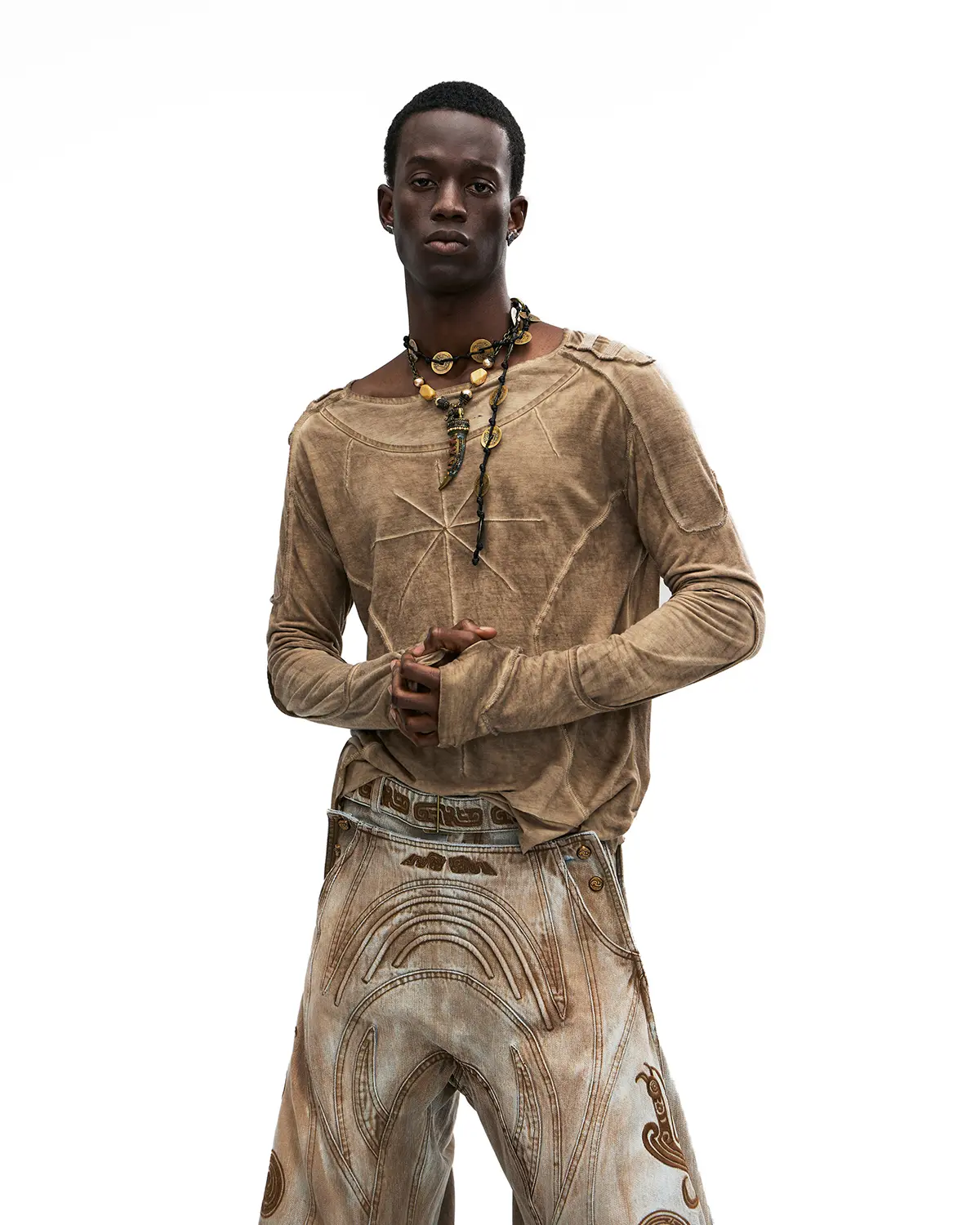 Personsoul Deconstructed Faux-Layer Long-Sleeve T-Shirt In Brown - Image 4