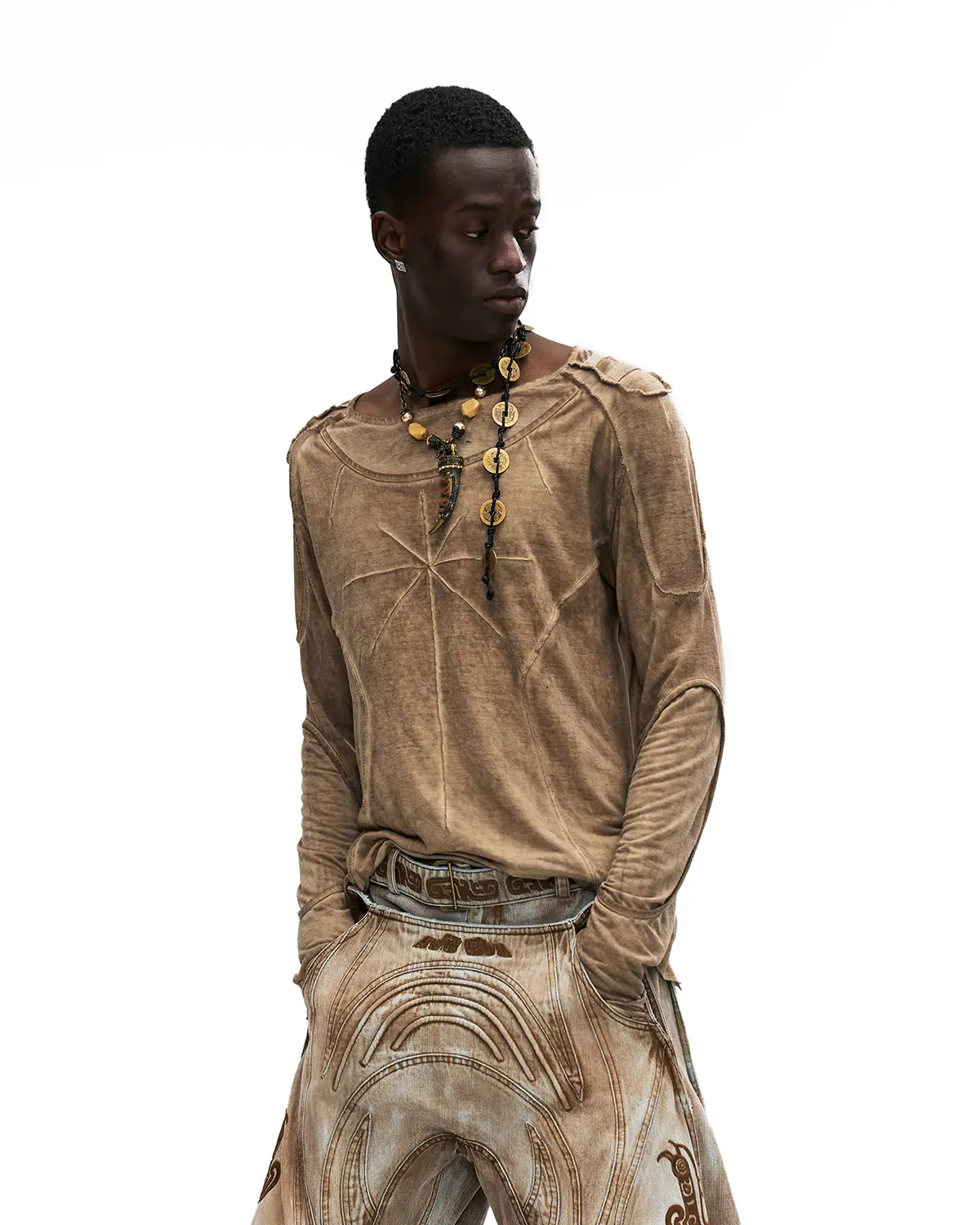 Personsoul Deconstructed Faux-Layer Long-Sleeve T-Shirt In Brown - Image 5