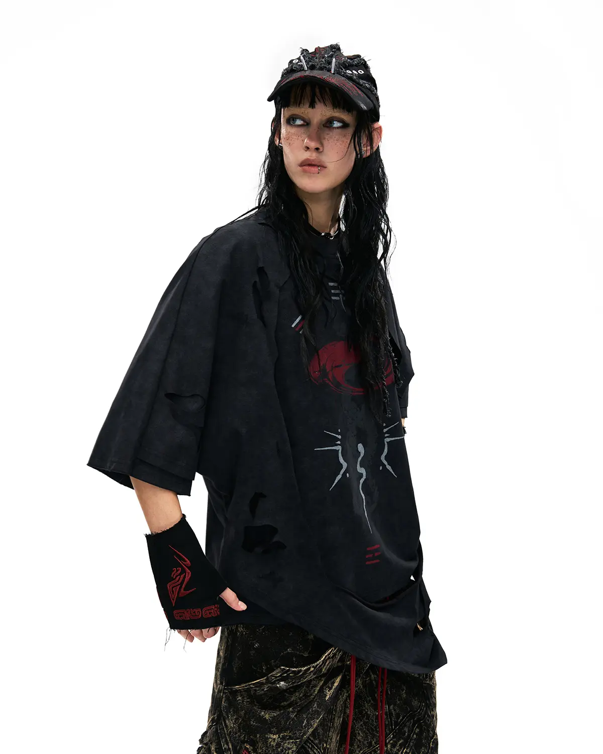Personsoul Double-Layer Distressed Mythology Print T-Shirt Black - Image 5