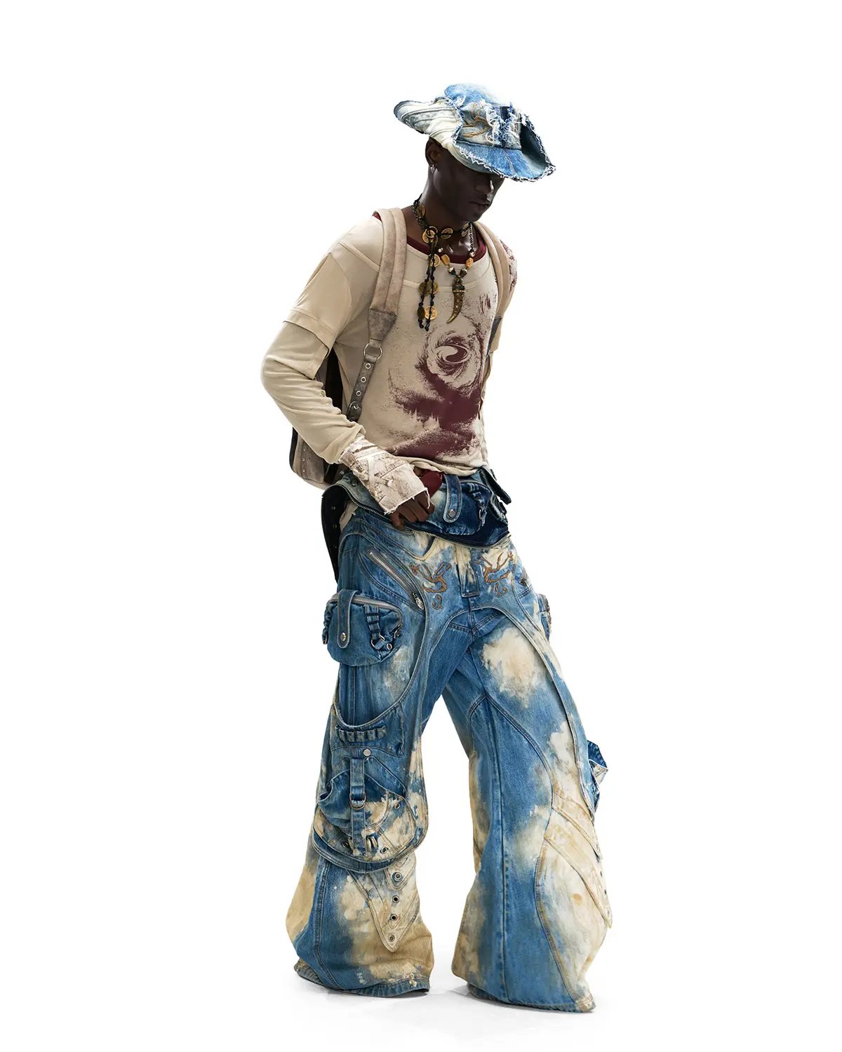 Personsoul Embroidered Blue-to-White Gradient Denim Jeans - Image 11