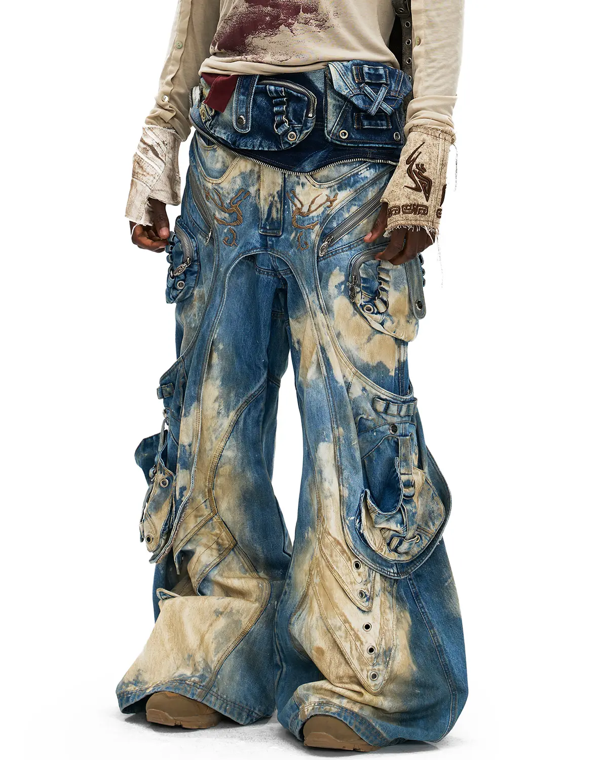 Personsoul Embroidered Blue-to-White Gradient Denim Jeans - Image 6