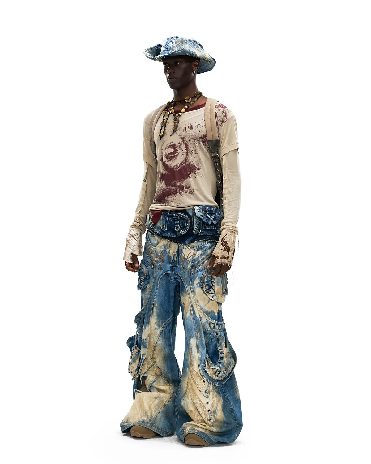Personsoul Embroidered Blue-to-White Gradient Denim Jeans - Image 9