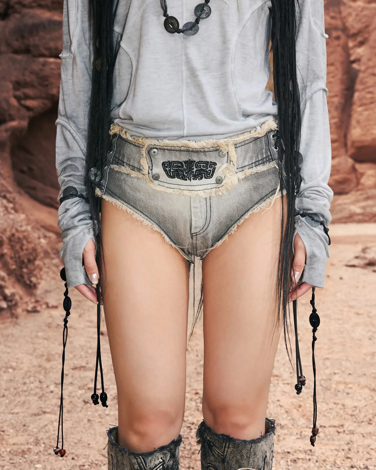 Personsoul Embroidered Mythical Beast Motif Bikini Bottom Gray - Image 4