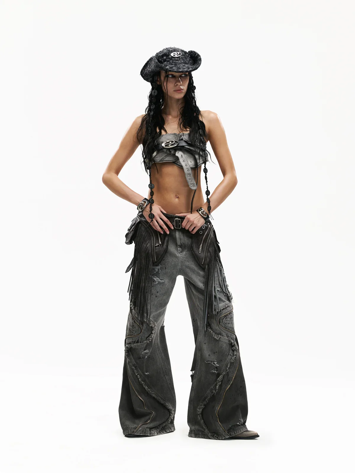 Personsoul Fringed Belt Raw Edge Jeans - Image 11
