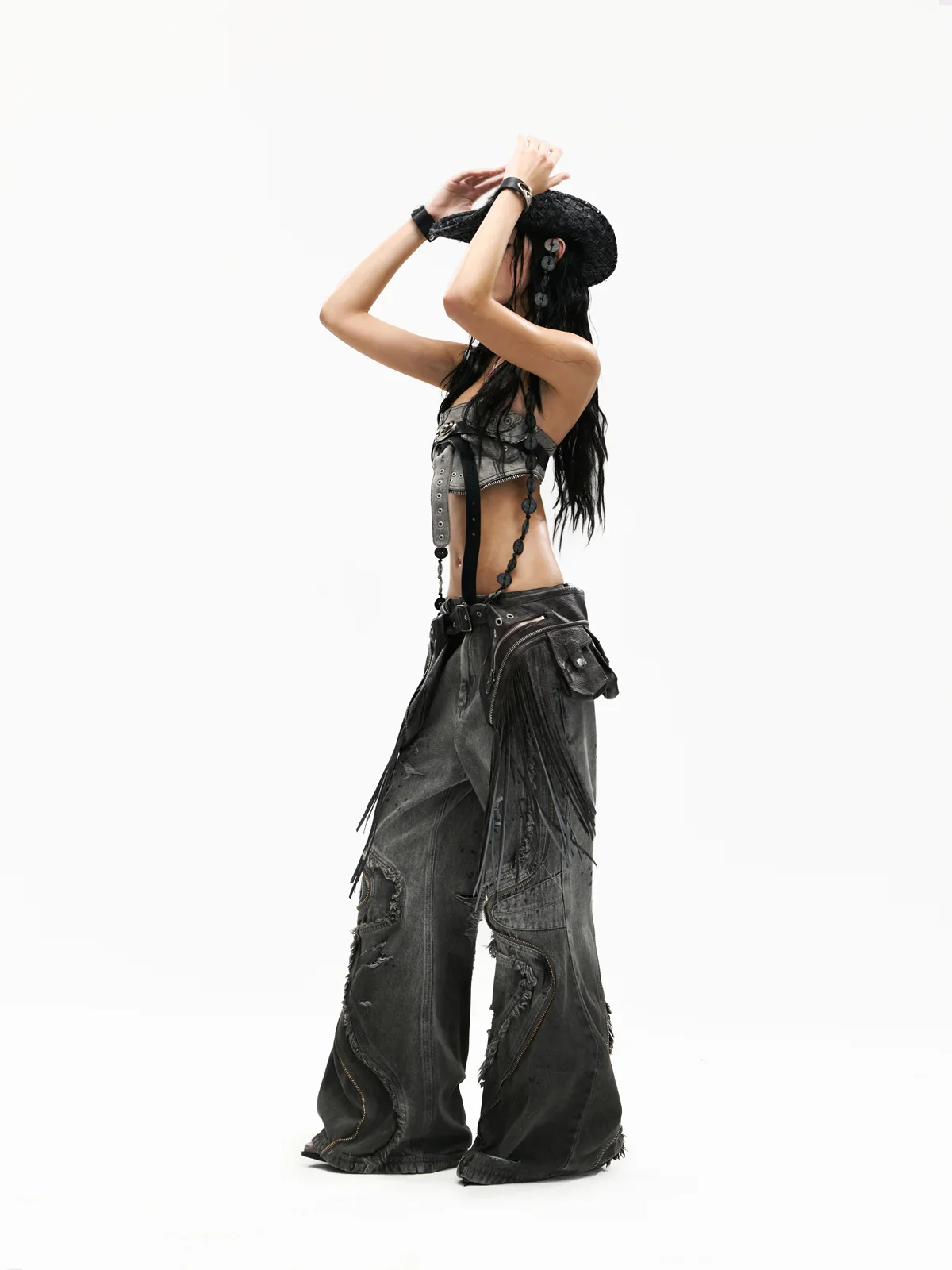 Personsoul Fringed Belt Raw Edge Jeans - Image 12