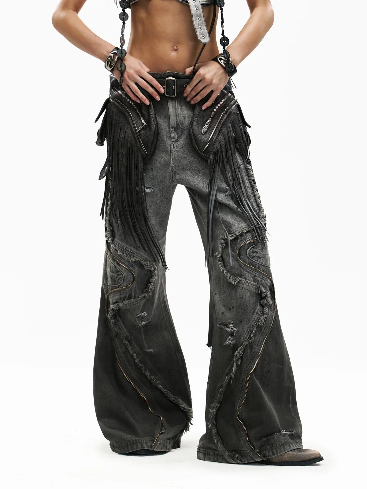 Personsoul Fringed Belt Raw Edge Jeans - Image 5