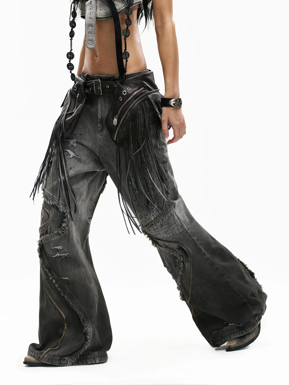 Personsoul Fringed Belt Raw Edge Jeans - Image 6