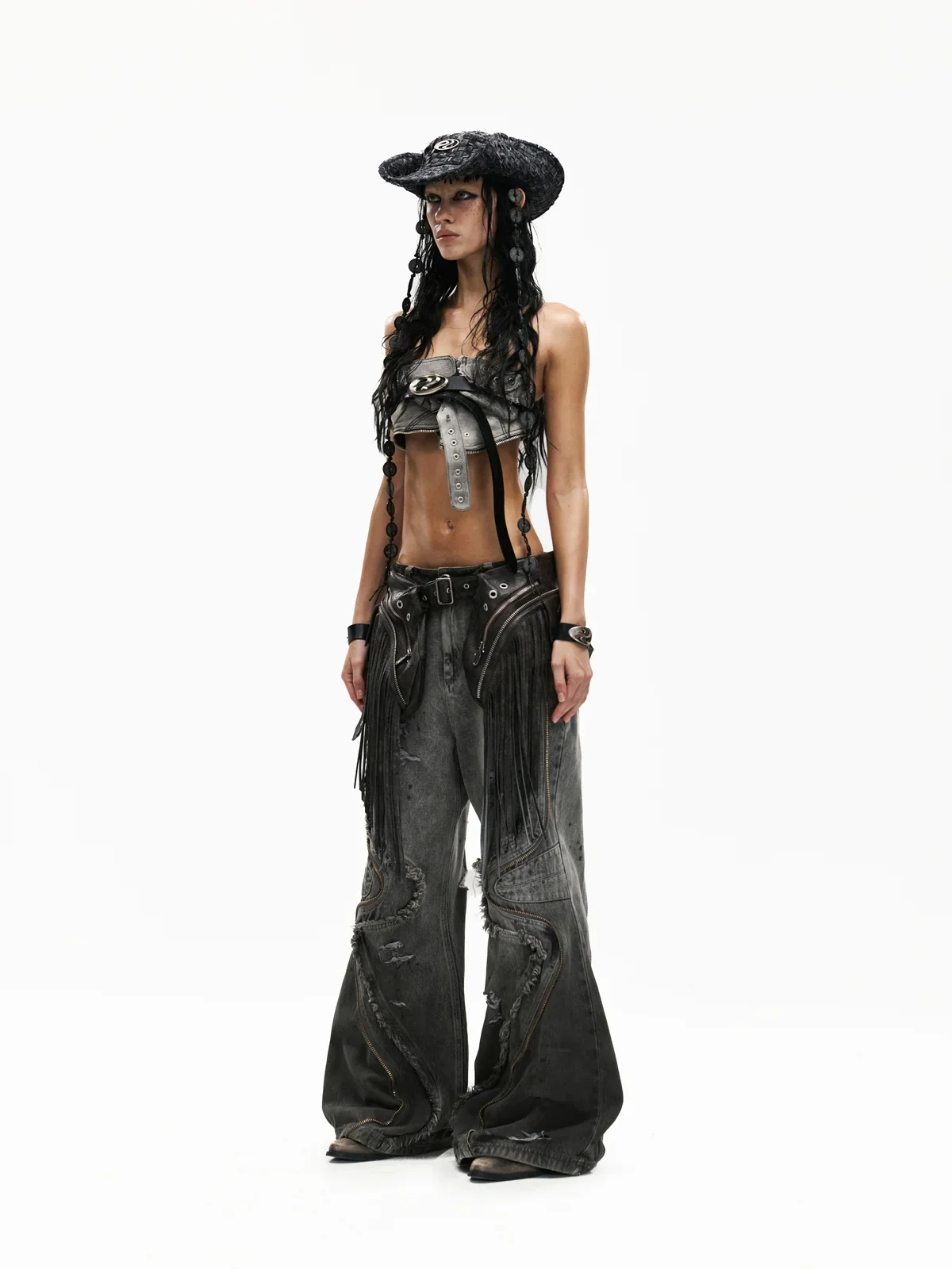 Personsoul Fringed Belt Raw Edge Jeans - Image 9