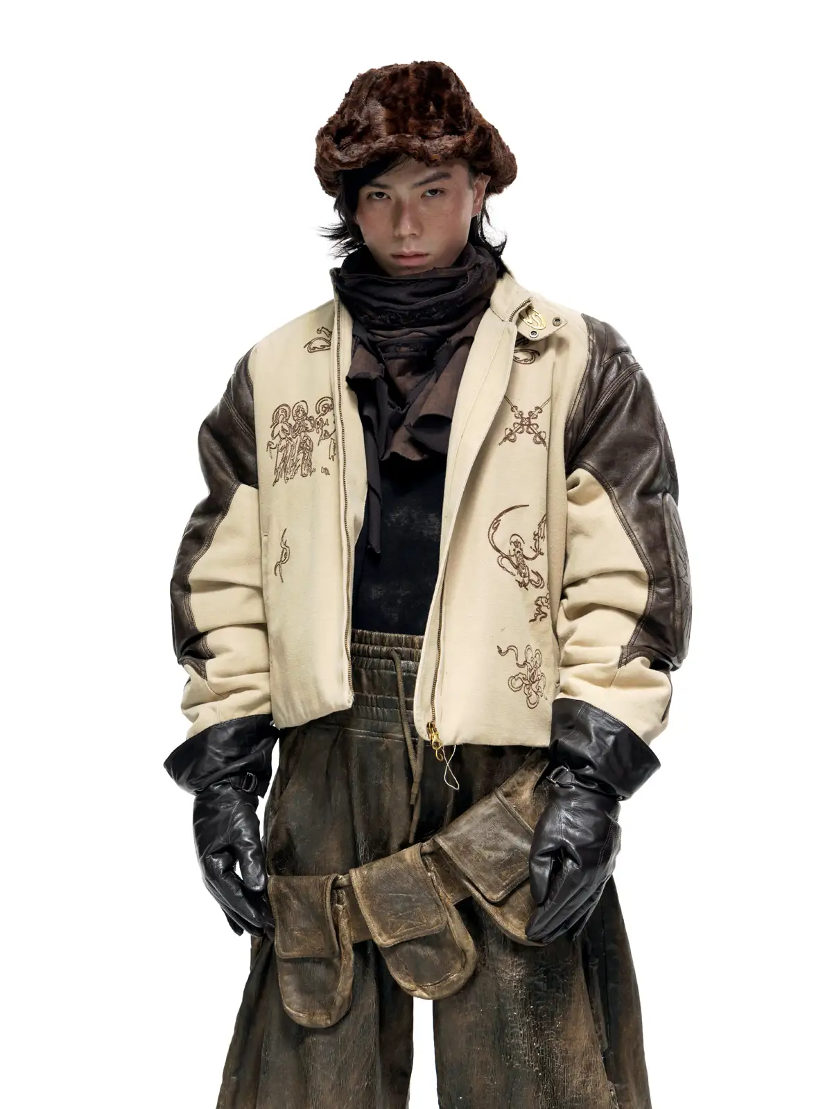 Personsoul Leather Patchwork Cotton Jacket - Image 6