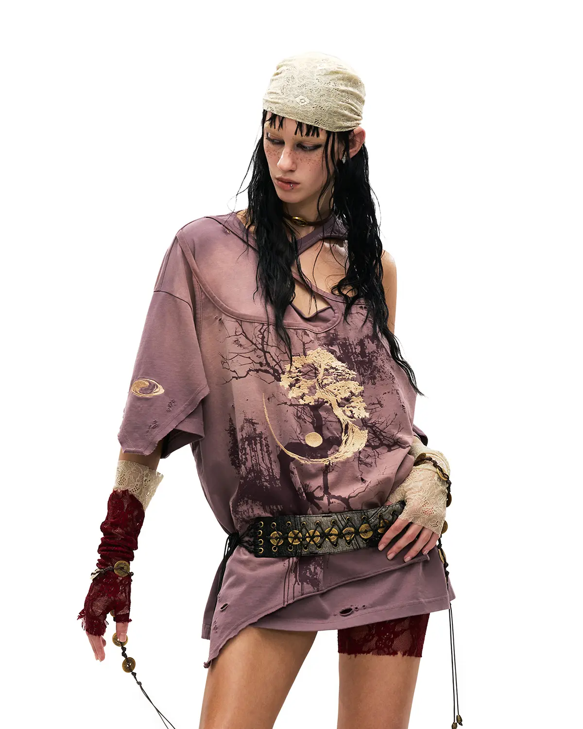 Personsoul Ink-Wash Distressed One-Shoulder T-Shirt Purple - Image 4