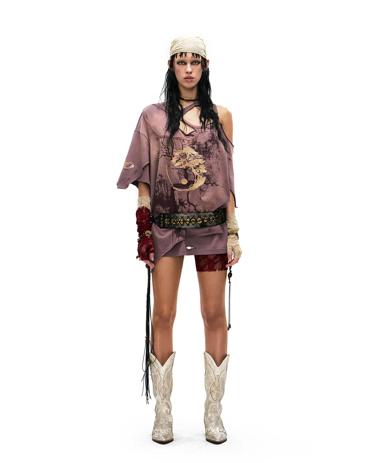 Personsoul Ink-Wash Distressed One-Shoulder T-Shirt Purple - Image 8