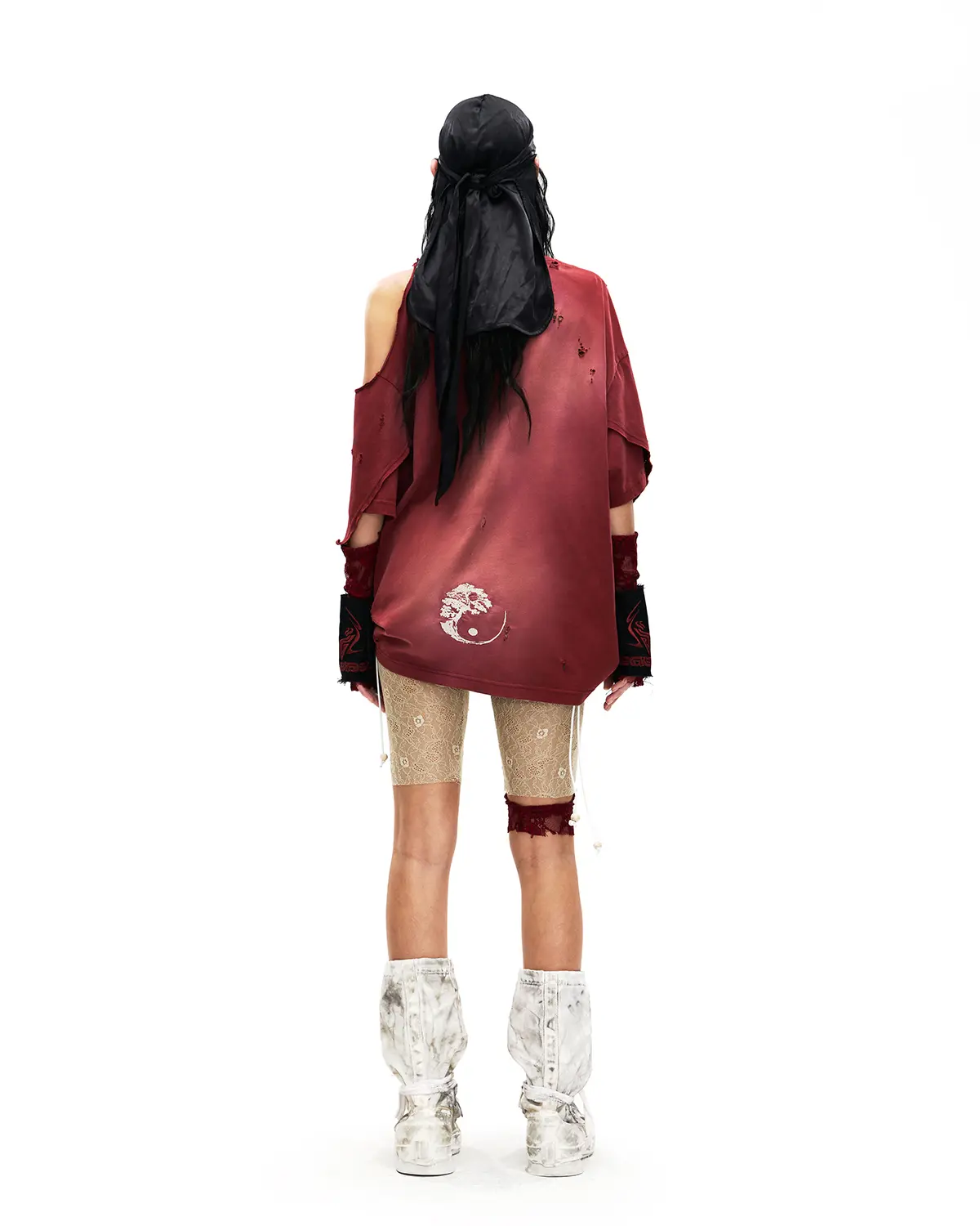 Personsoul Ink-Wash Distressed One-Shoulder T-Shirt Red - Image 10