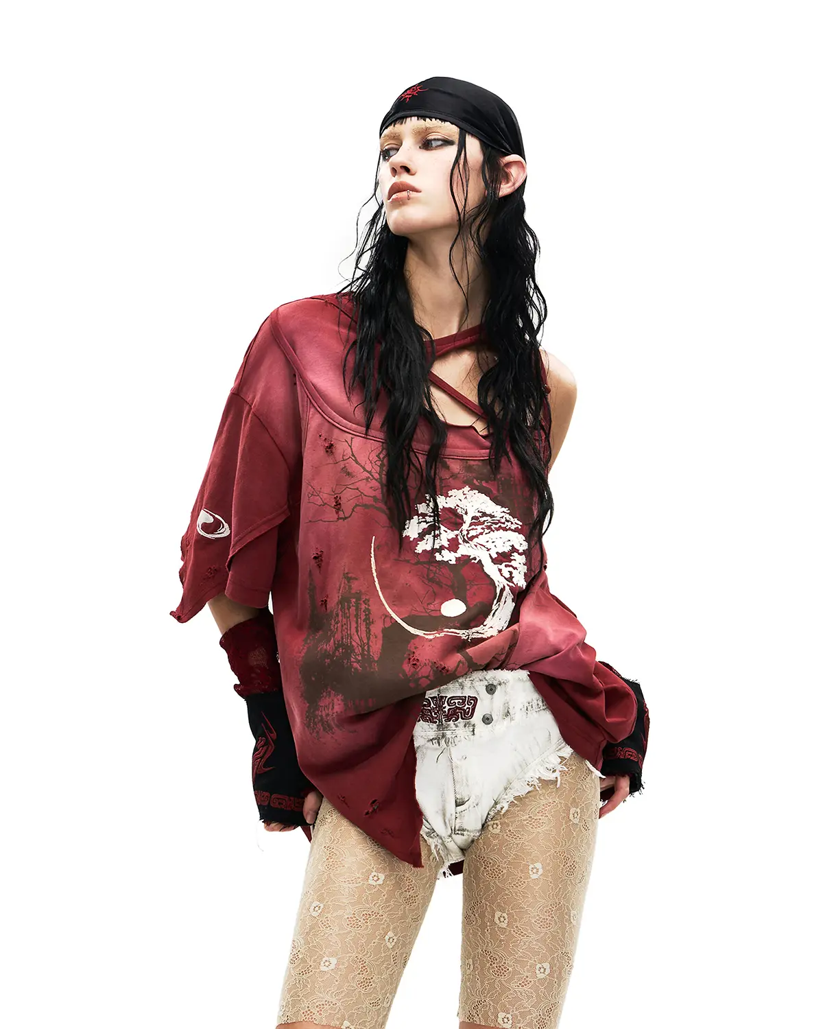 Personsoul Ink-Wash Distressed One-Shoulder T-Shirt Red - Image 5