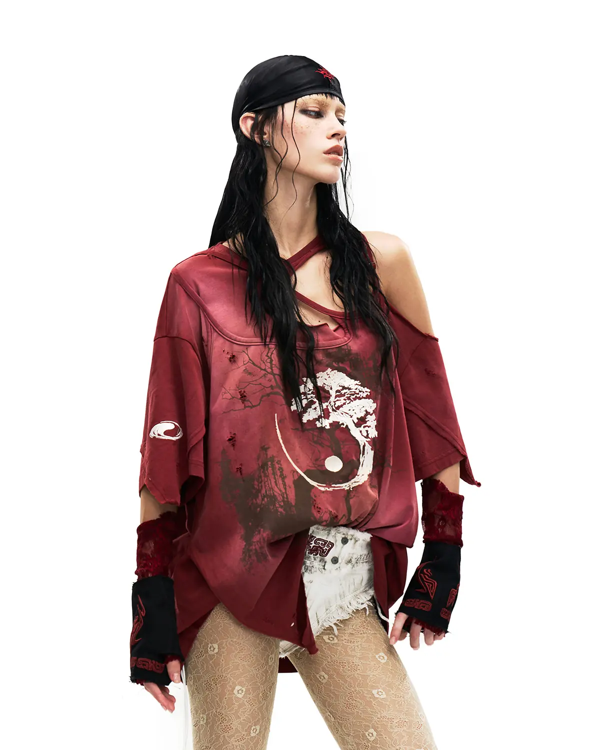 Personsoul Ink-Wash Distressed One-Shoulder T-Shirt Red - Image 6