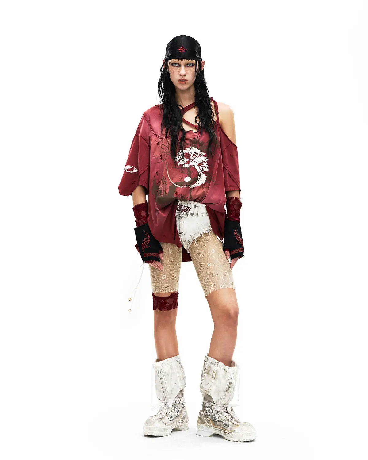 Personsoul Ink-Wash Distressed One-Shoulder T-Shirt Red - Image 8