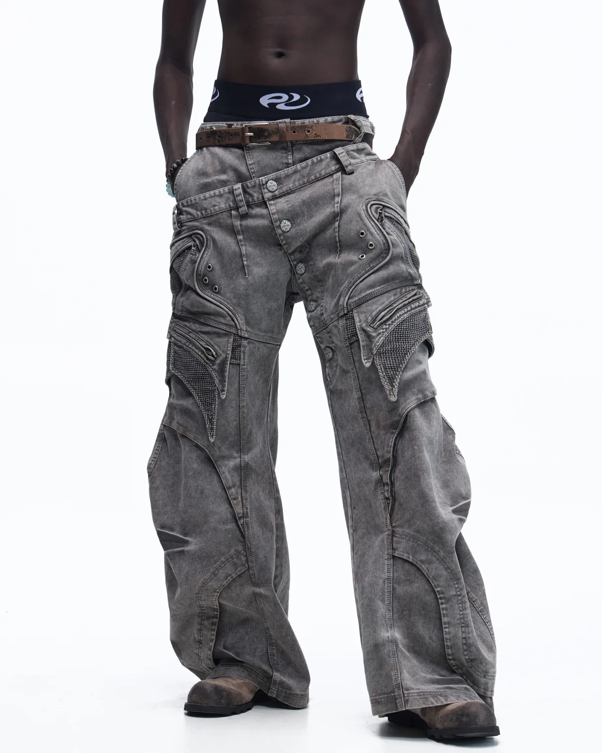 Personsoul Mock Double-Waist Wide-Leg Cargo Pants - Image 4