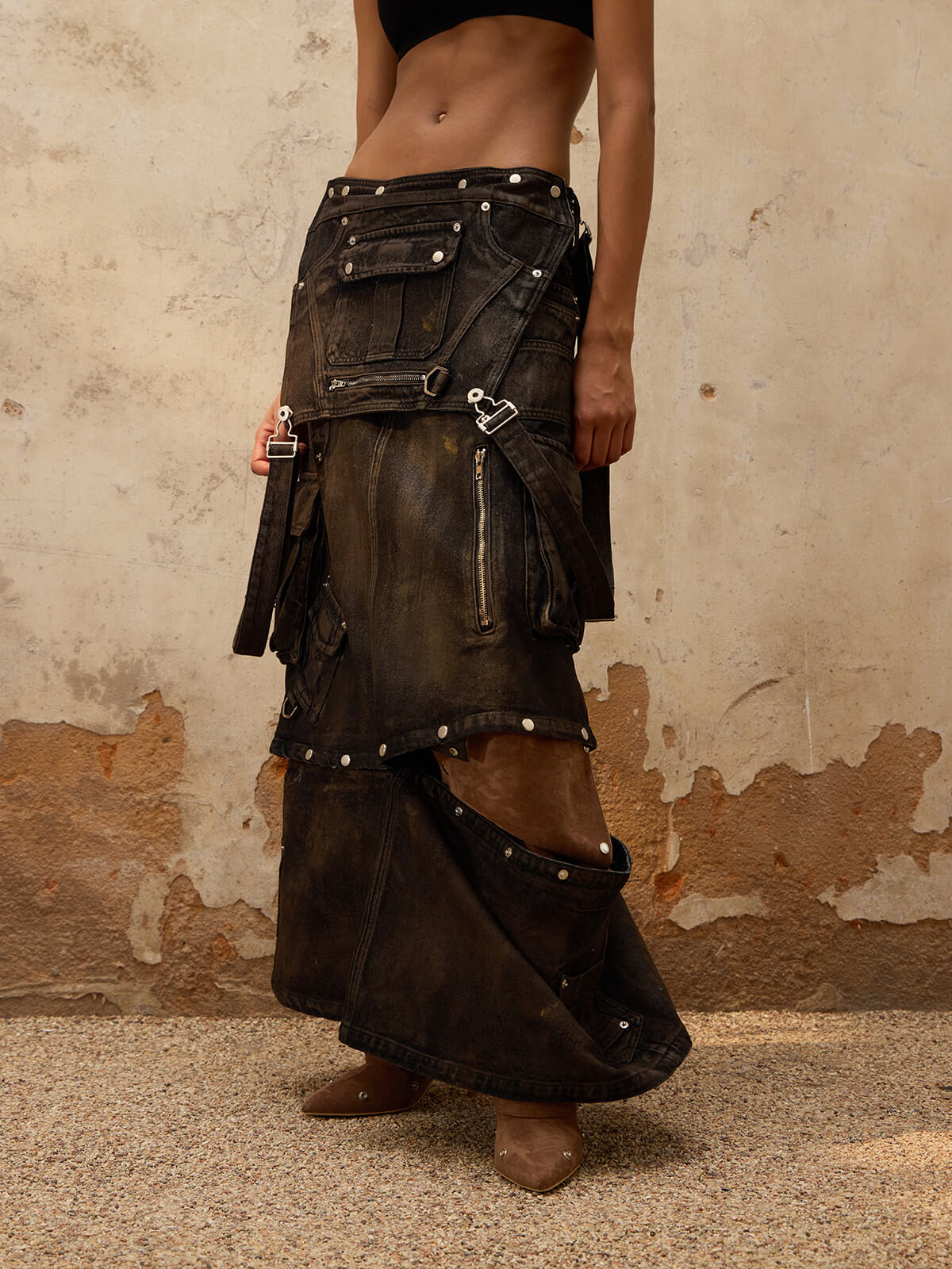 Personsoul Mud Maxi Denim Dungarees Skirt - Image 3