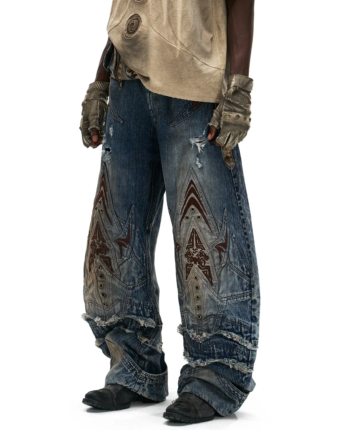 Personsoul Mythical Beast Face Curved Denim Jeans - Image 2