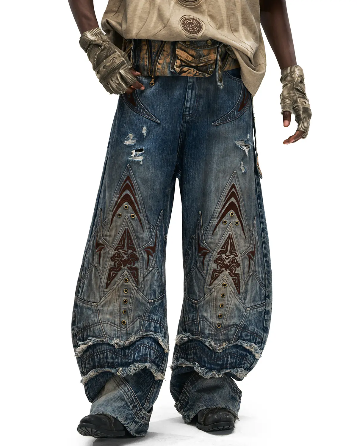 Personsoul Mythical Beast Face Curved Denim Jeans - Image 5